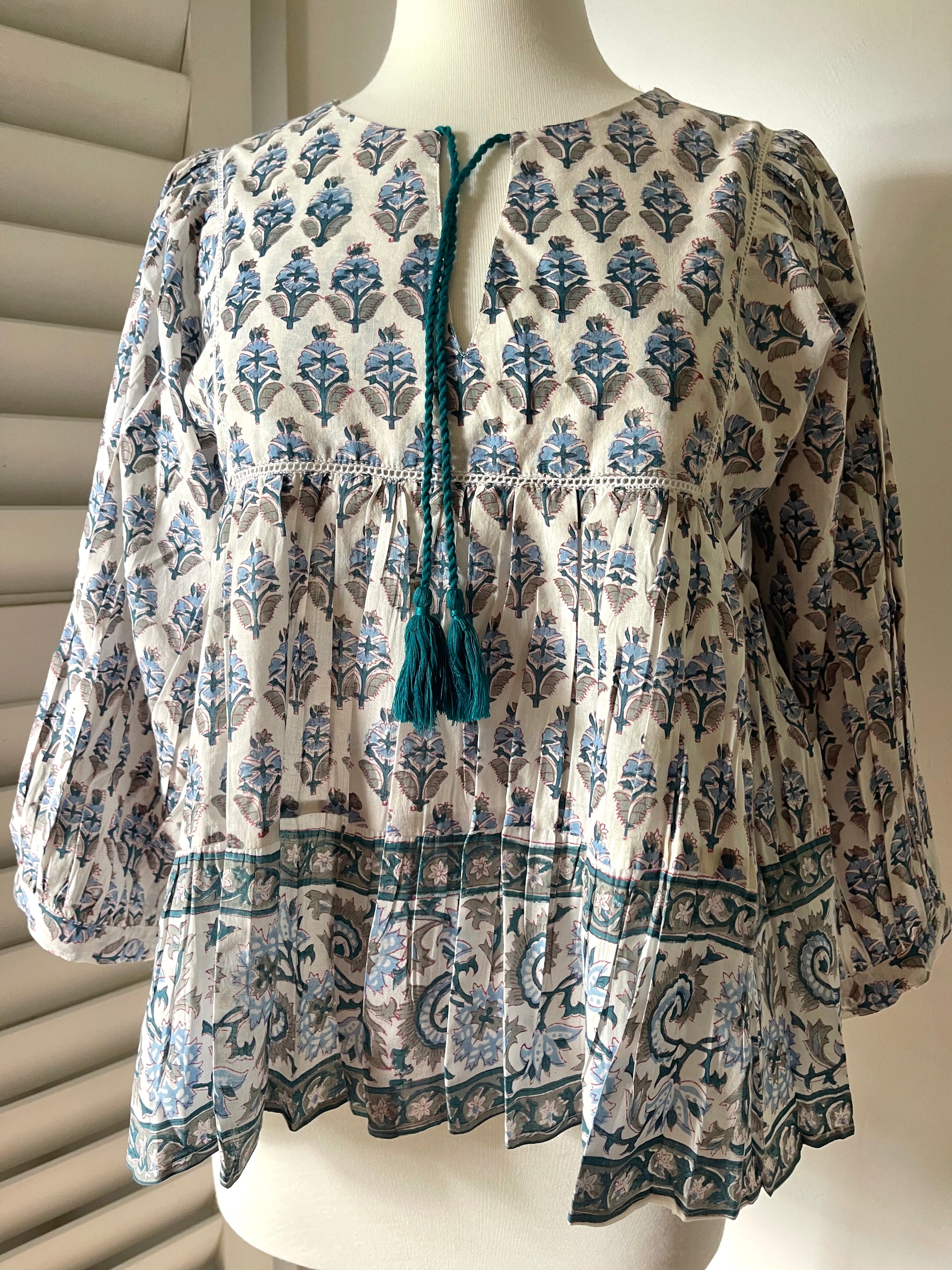 Blockprinted Square Bodice Blouse - Teal