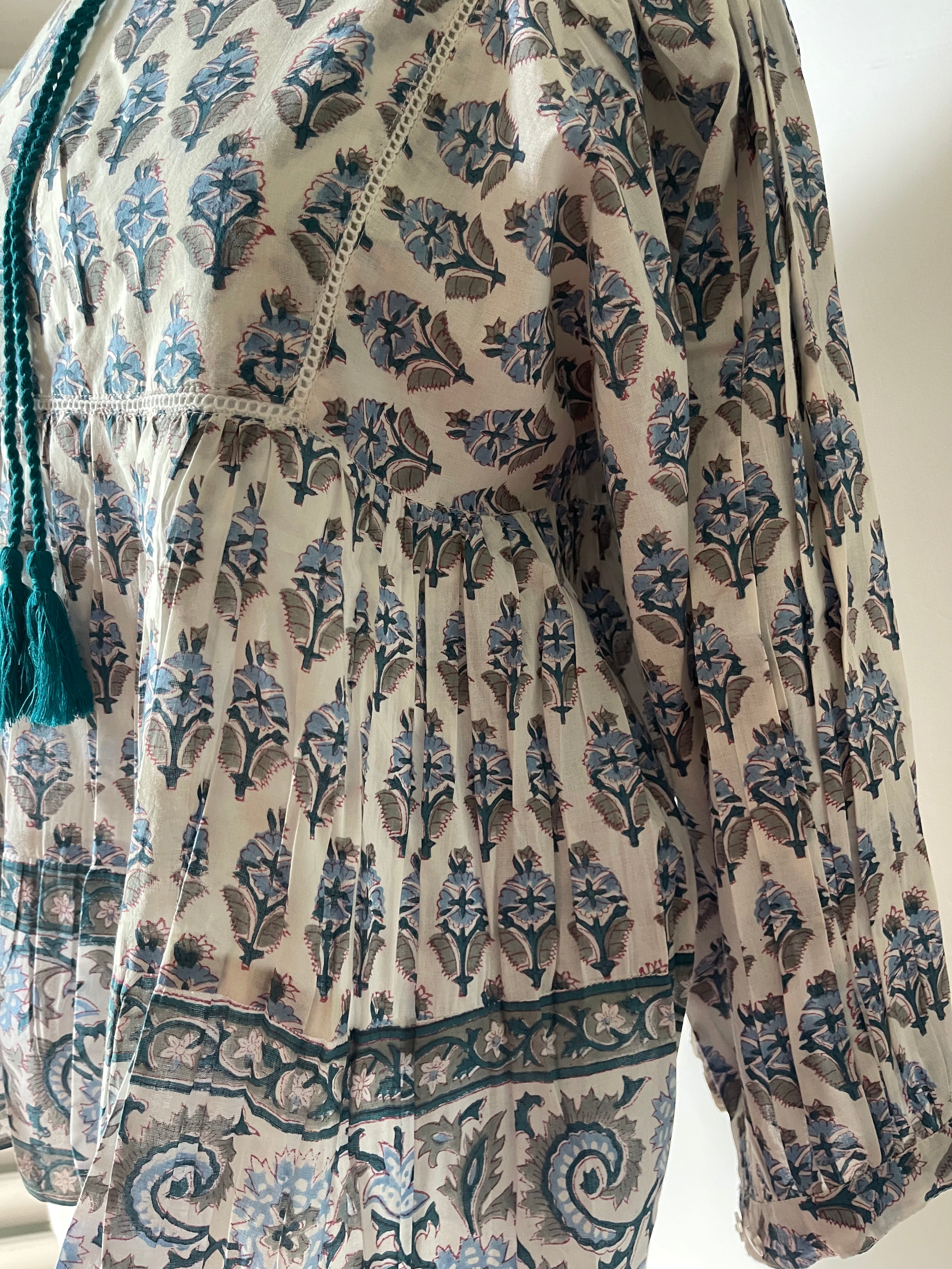 Blockprinted Square Bodice Blouse - Teal
