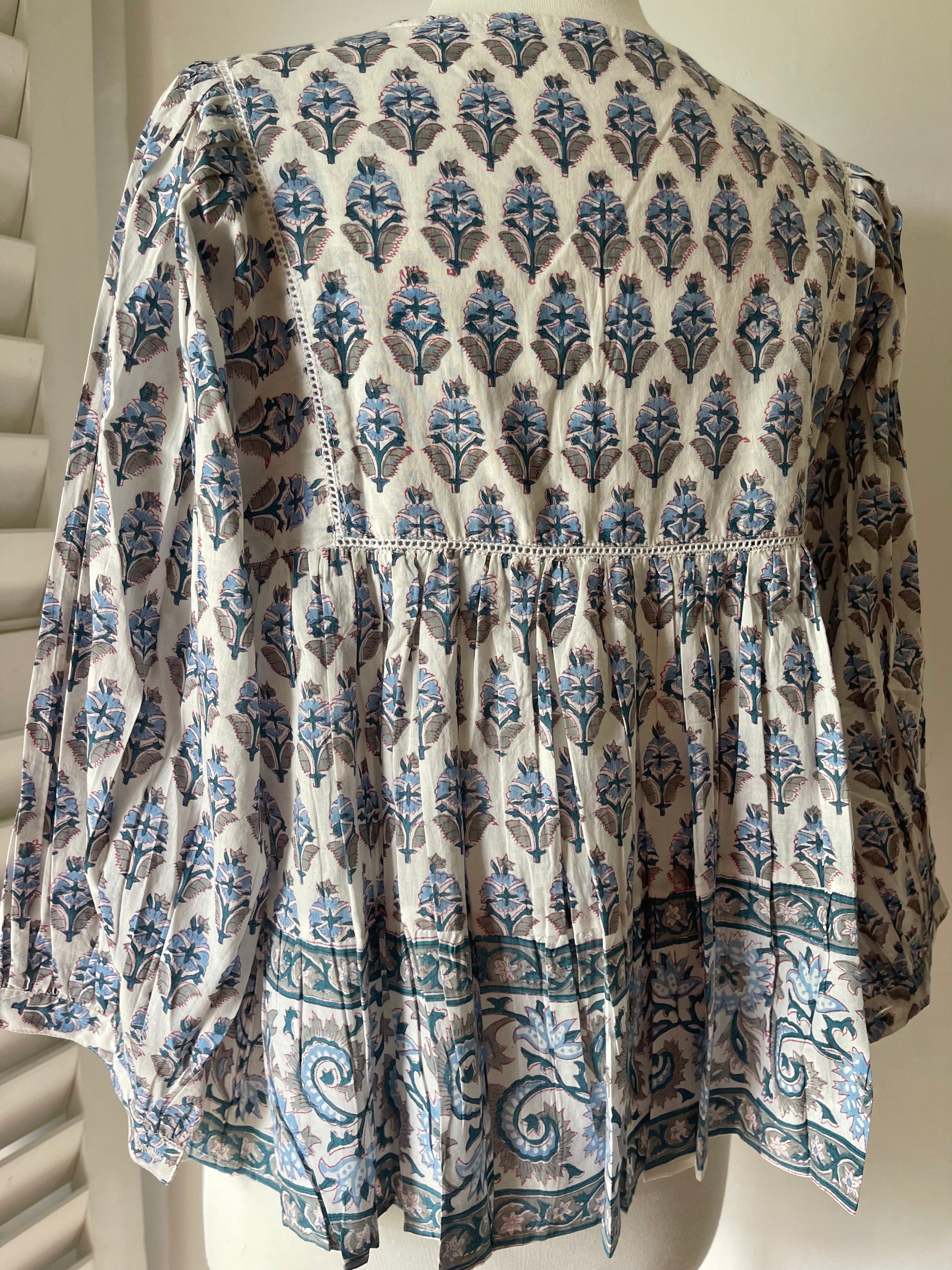 Blockprinted Square Bodice Blouse - Teal