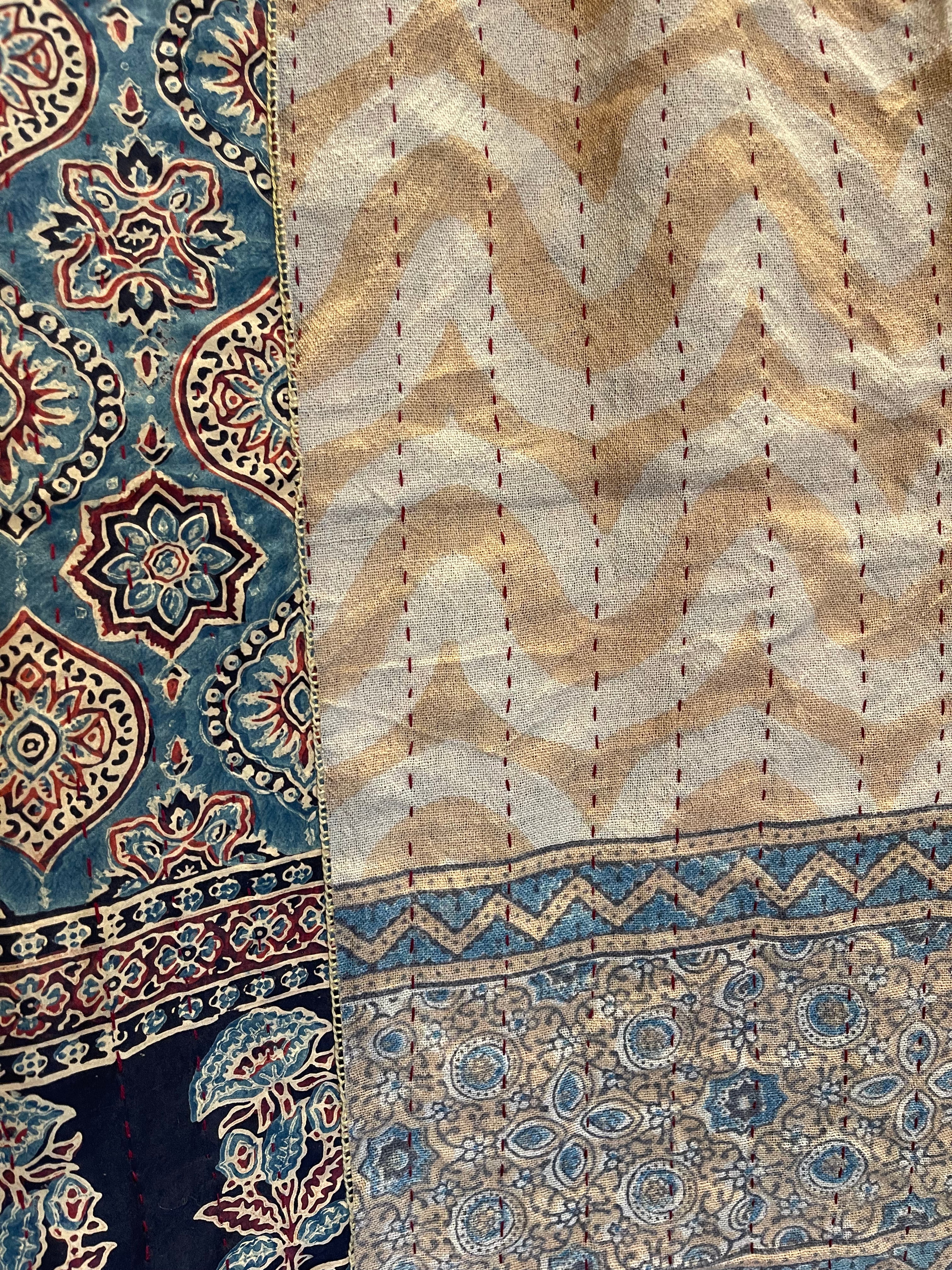 Ajrakh Handloomed Double Sided Quilted Wool and Silk Wrap, Desert Jewel and Sand Weave