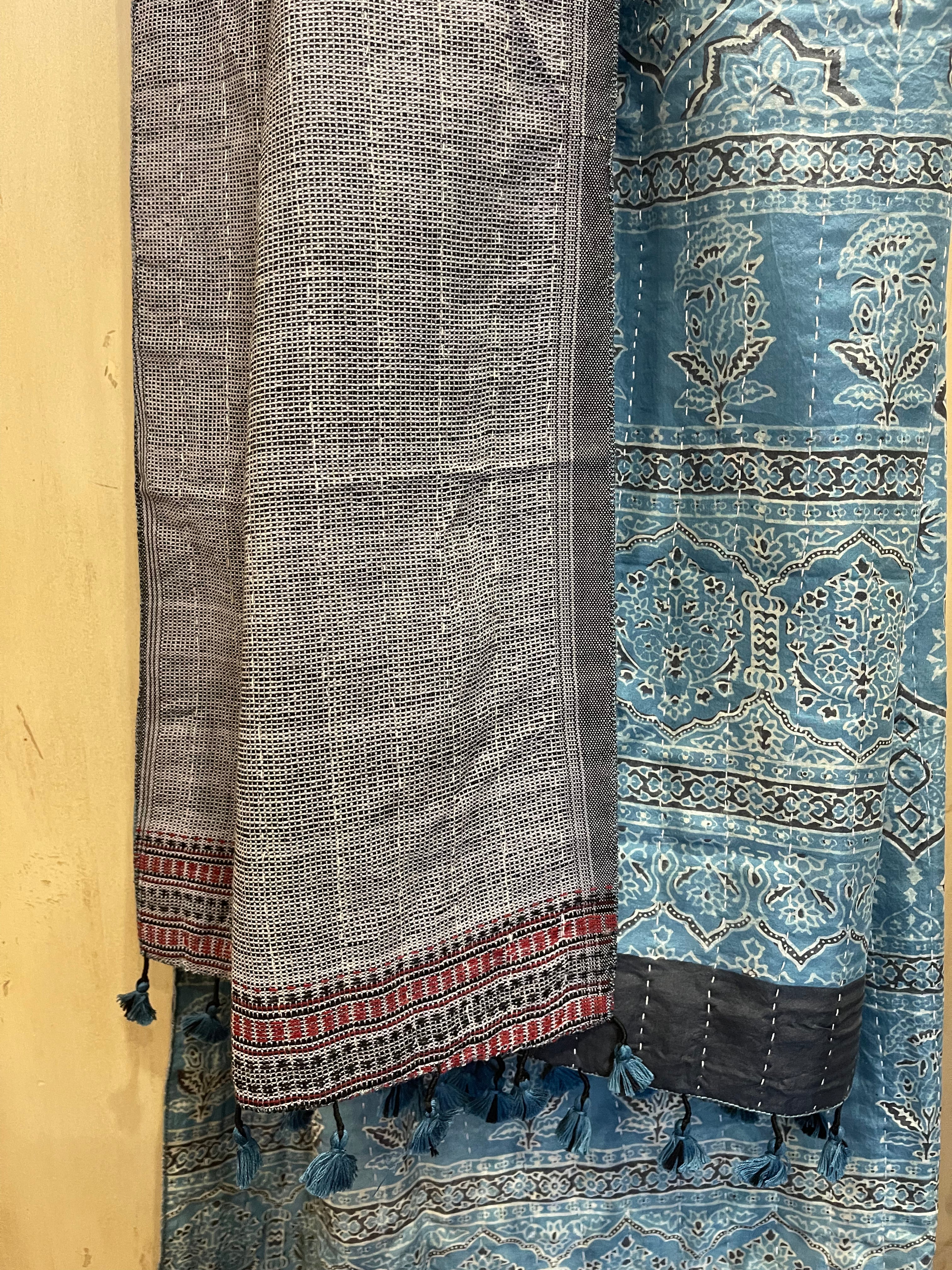 Ajrakh Handloomed Double Sided Quilted Wool and Silk Wrap Blue Jewel and Dusk Weave