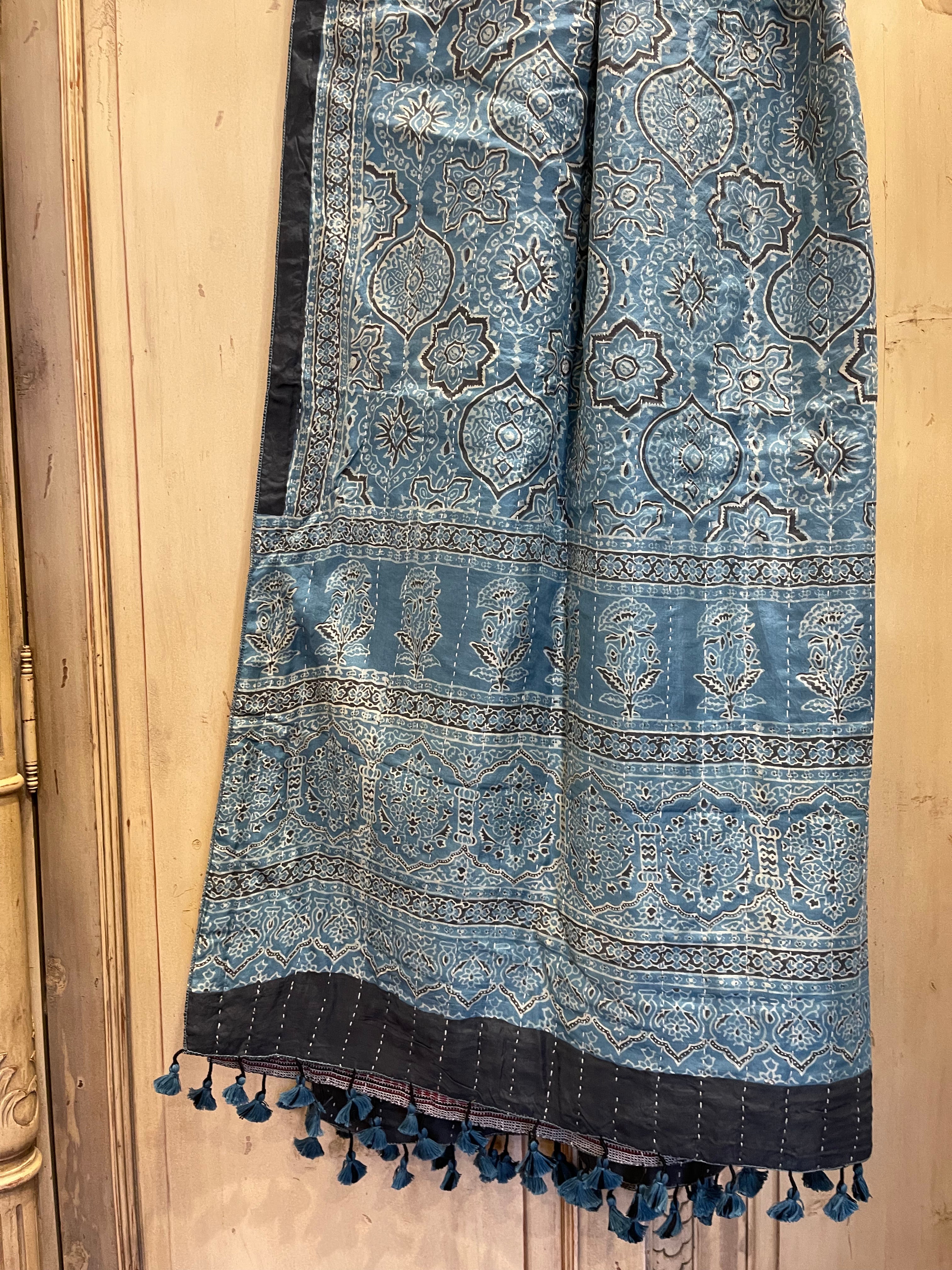 Ajrakh Handloomed Double Sided Quilted Wool and Silk Wrap Blue Jewel and Dusk Weave