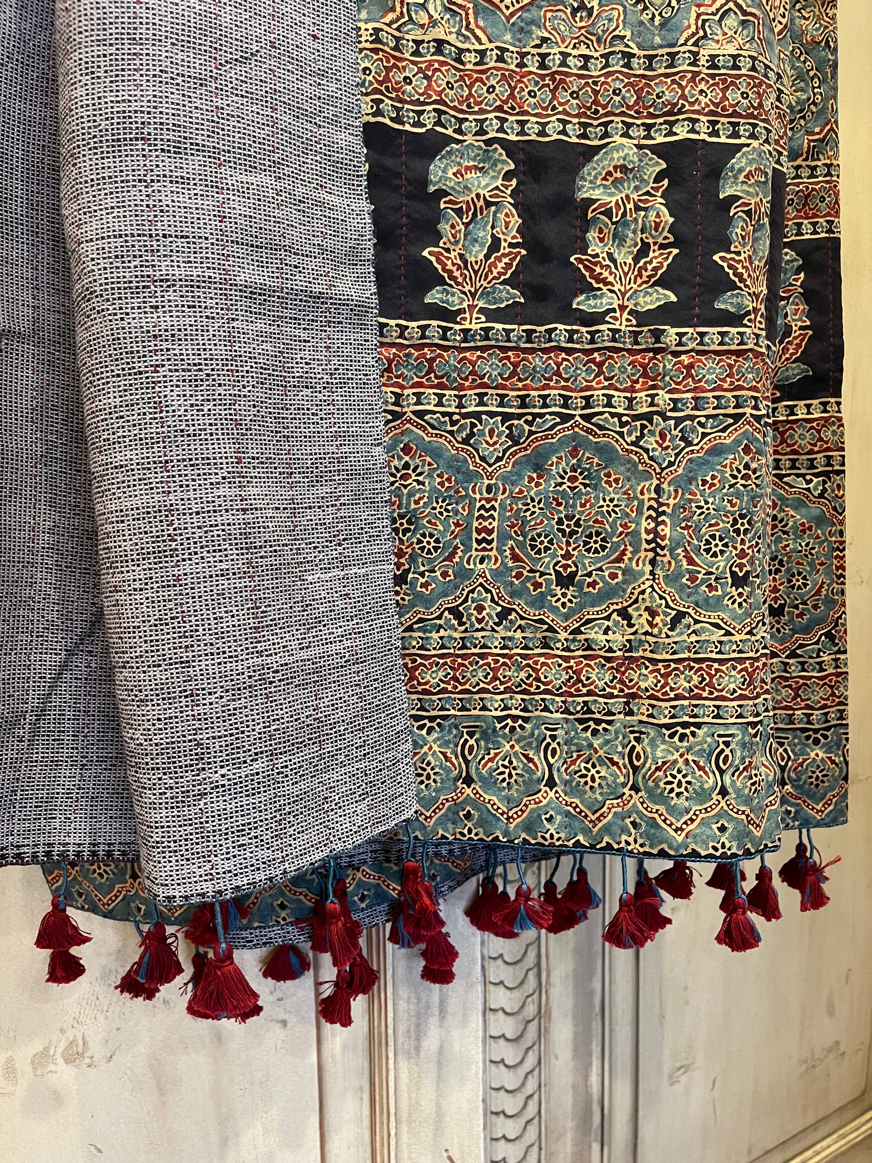Ajrakh Handloomed Double Sided Quilted Wool and Silk Wrap, Indigo Jewel and Light Slate Weave