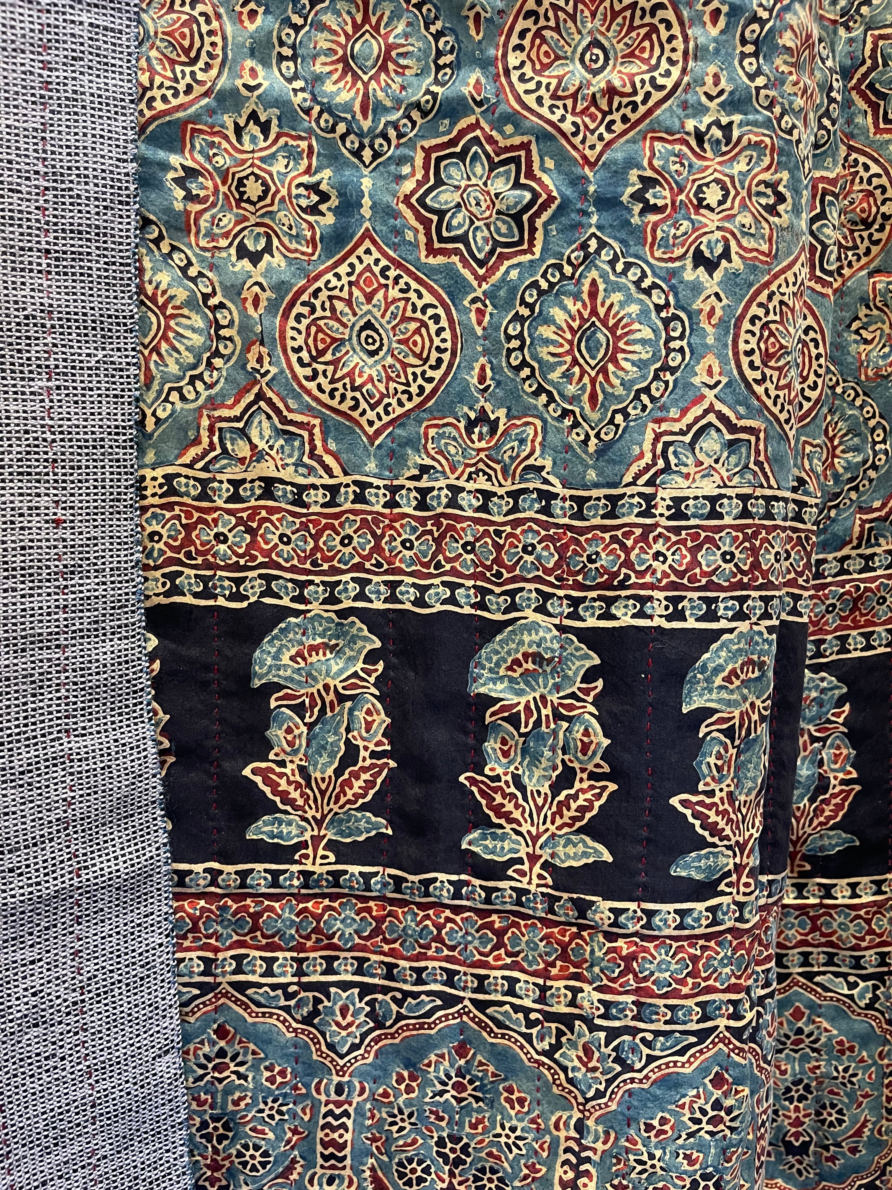 Ajrakh Handloomed Double Sided Quilted Wool and Silk Wrap, Indigo Jewel and Light Slate Weave