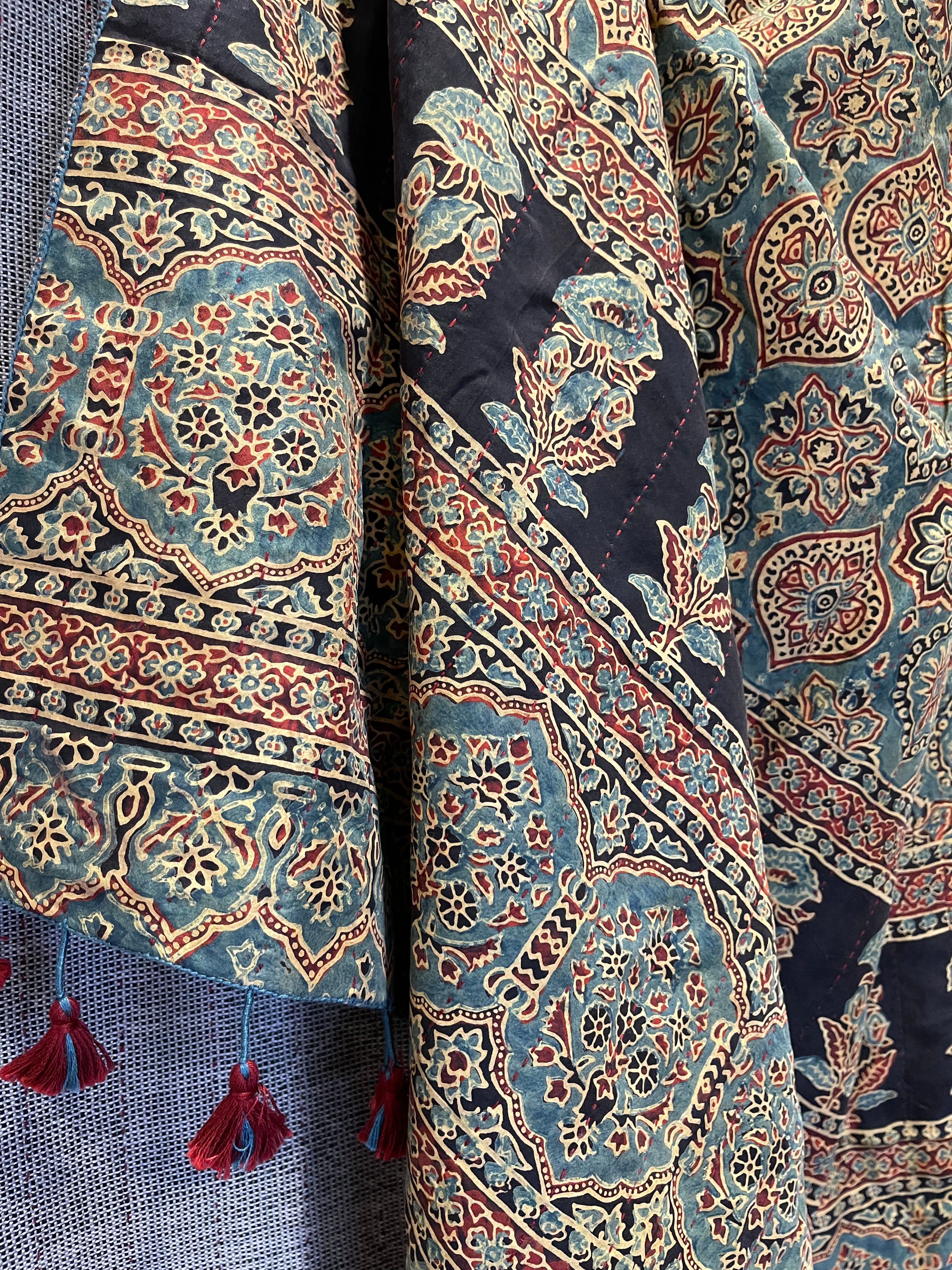Ajrakh Handloomed Double Sided Quilted Wool and Silk Wrap, Indigo Jewel and Light Slate Weave