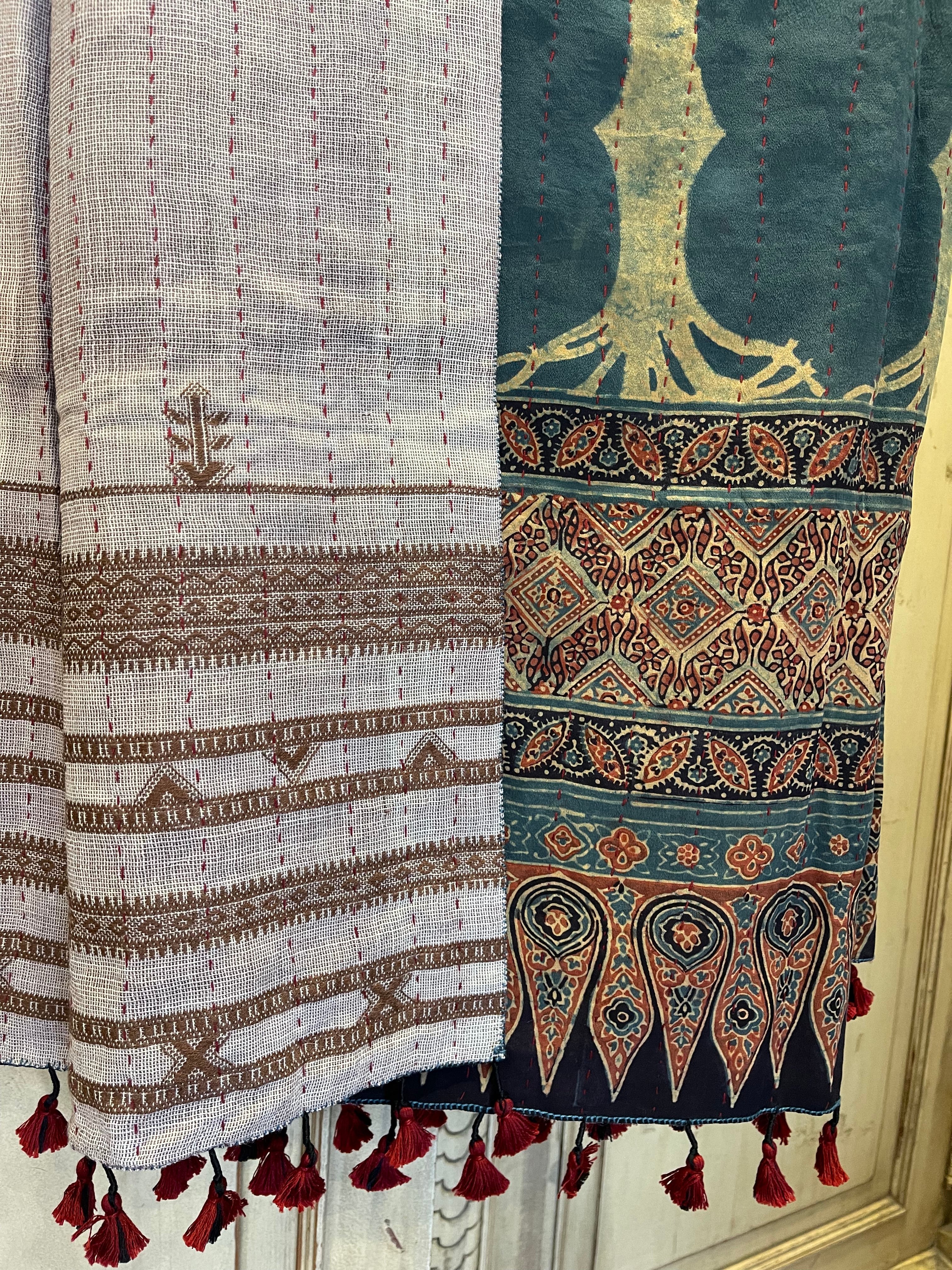 Ajrakh handloomed double sided quilted wool and silk wrap