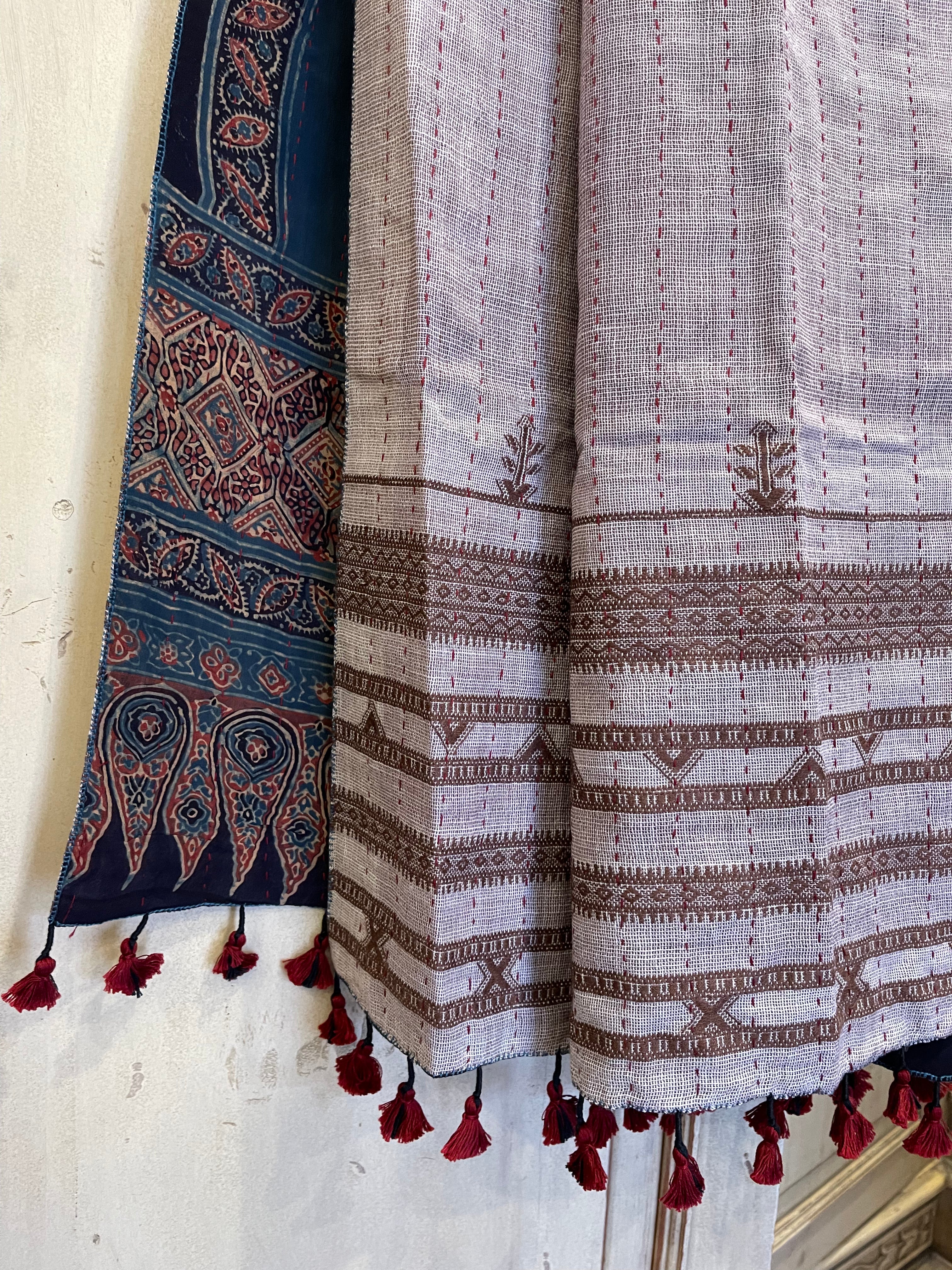 Ajrakh handloomed double sided quilted wool and silk wrap