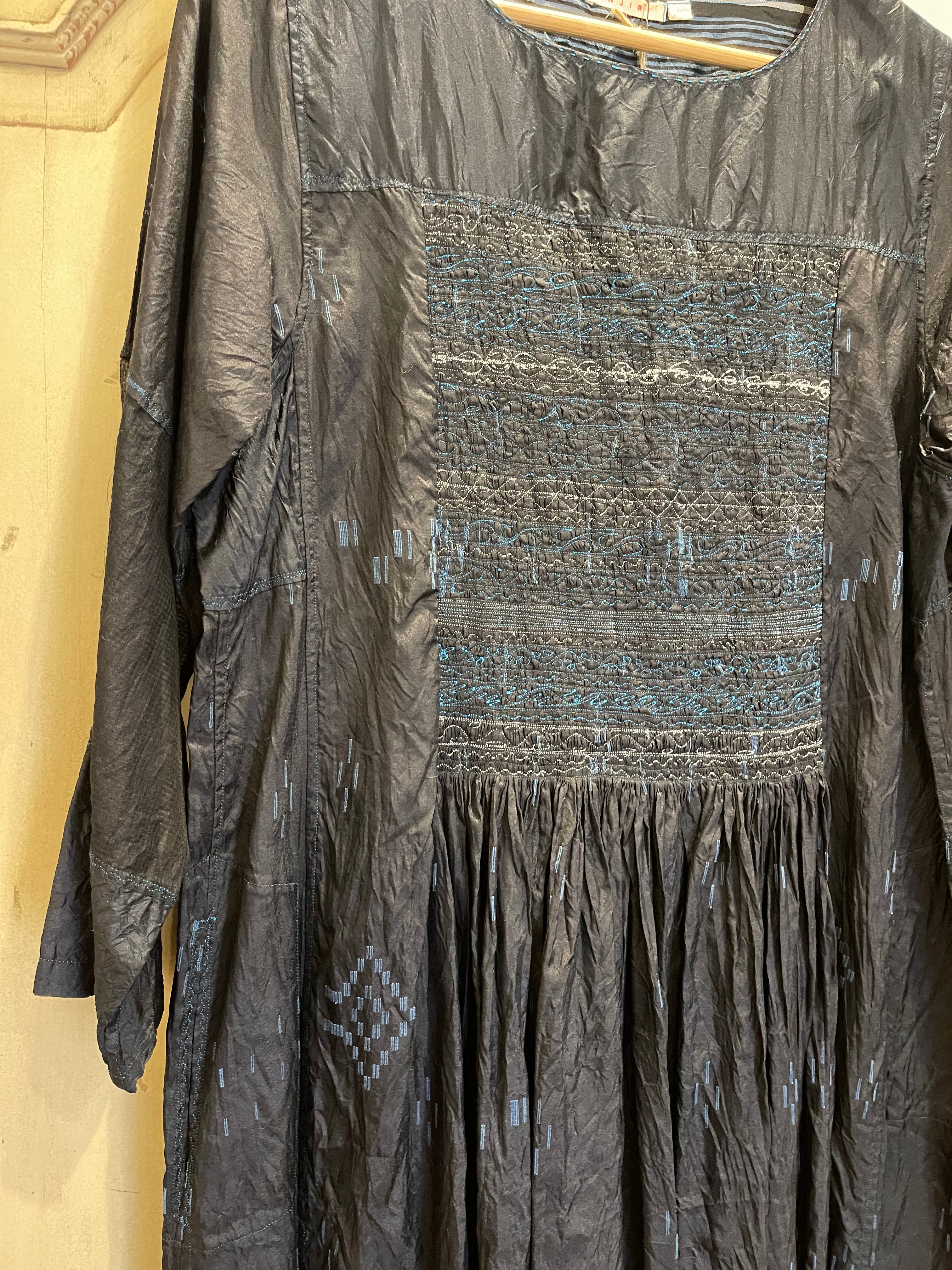 NEEL 08 Easy to wear mid length ink blue indigo day dress with scooped neck with contrasting french blue stitching detail.