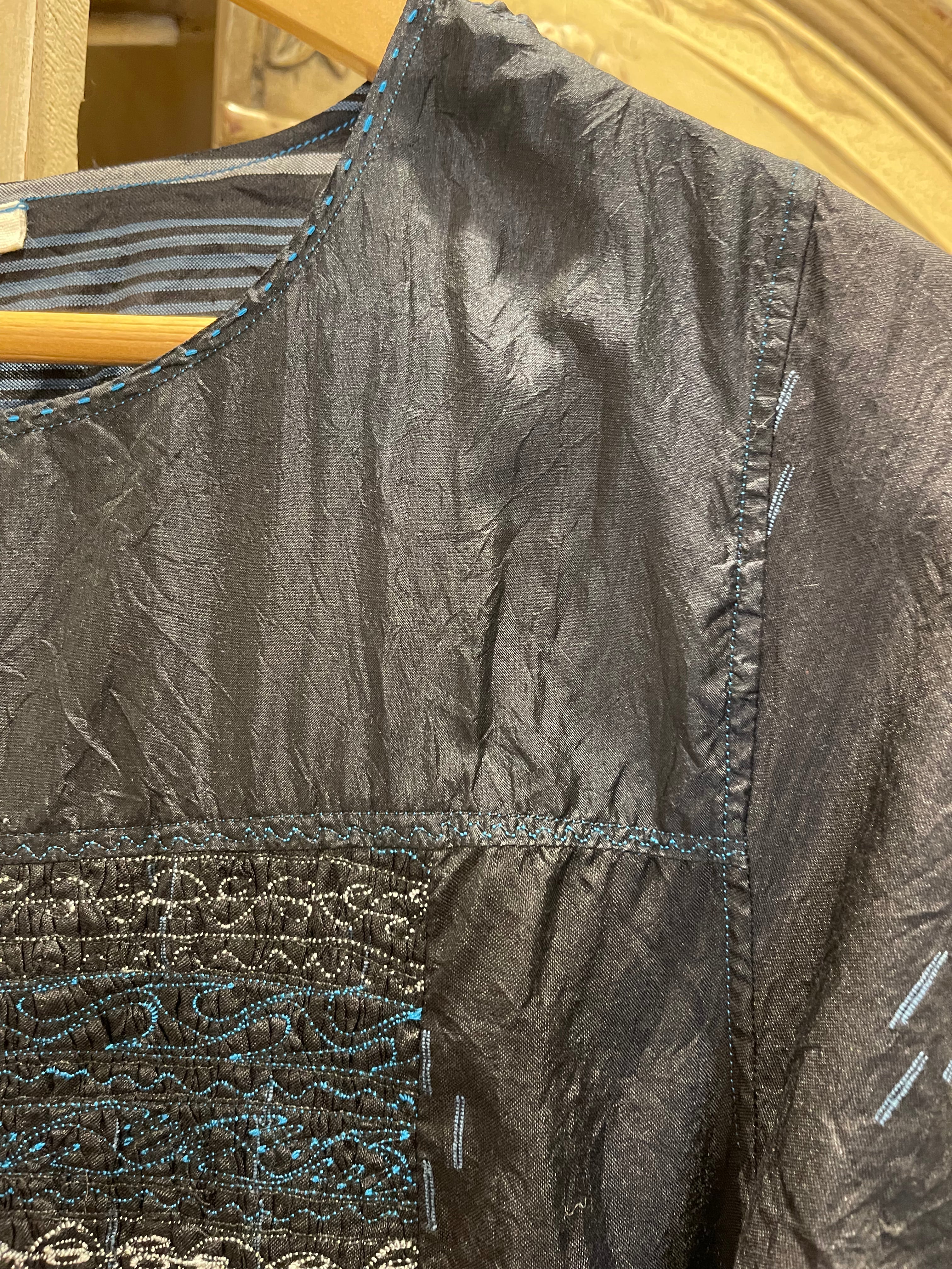 NEEL 08 Easy to wear mid length ink blue indigo day dress with scooped neck with contrasting french blue stitching detail.