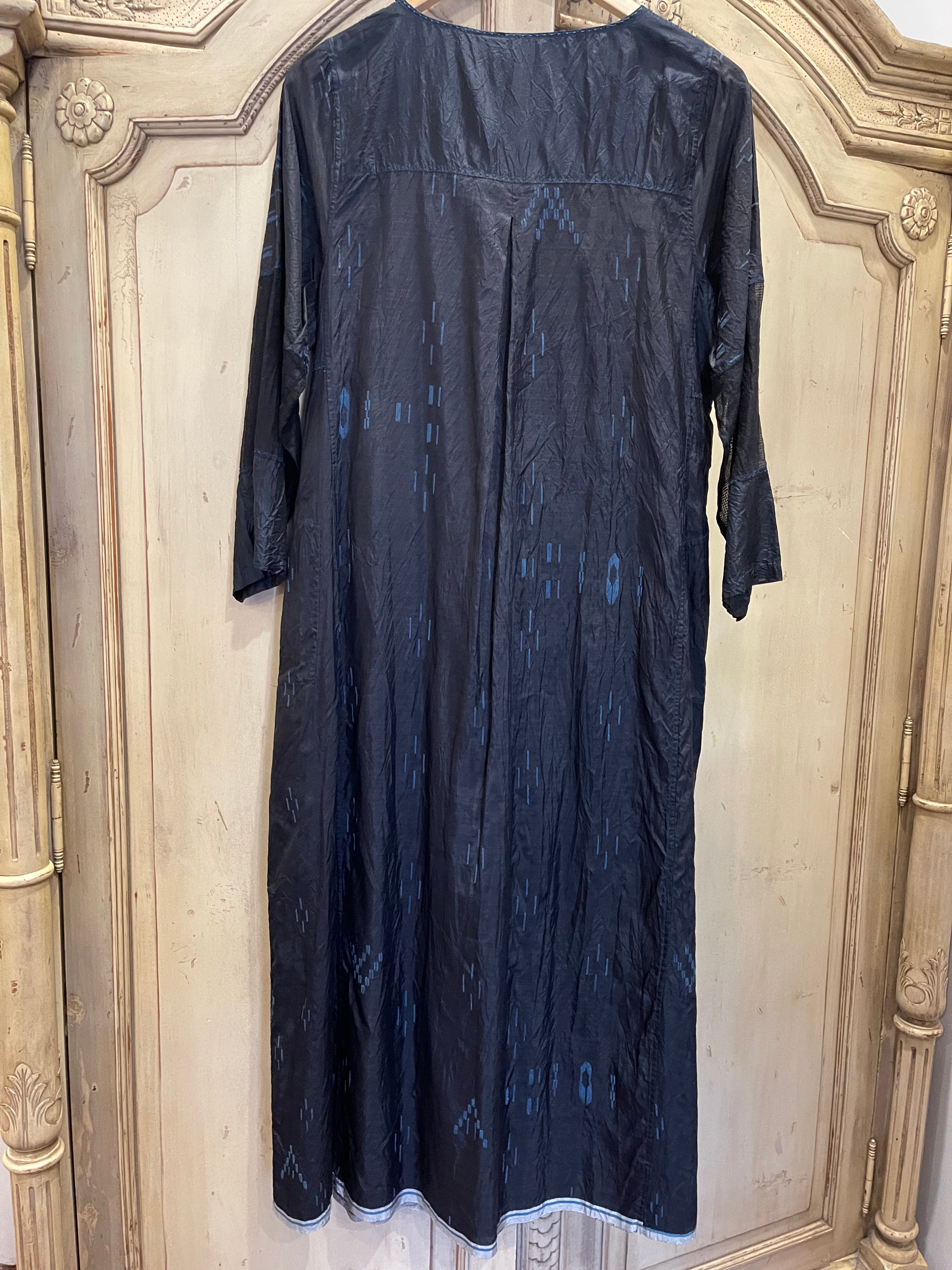 NEEL 08 Easy to wear mid length ink blue indigo day dress with scooped neck with contrasting french blue stitching detail.