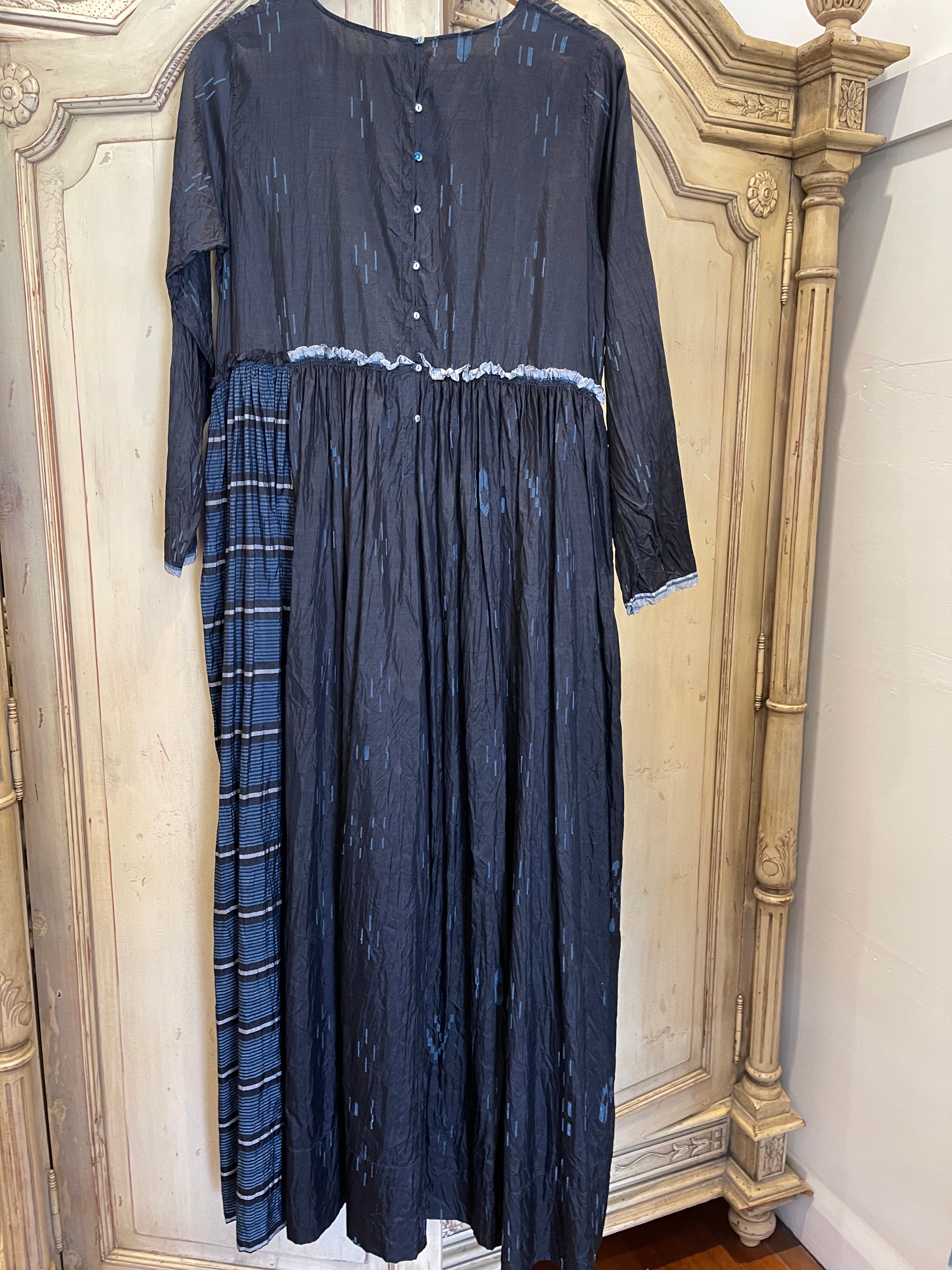 Elegant formal ink blue indigo hand-woven silk maxi dress in jamdani weave.