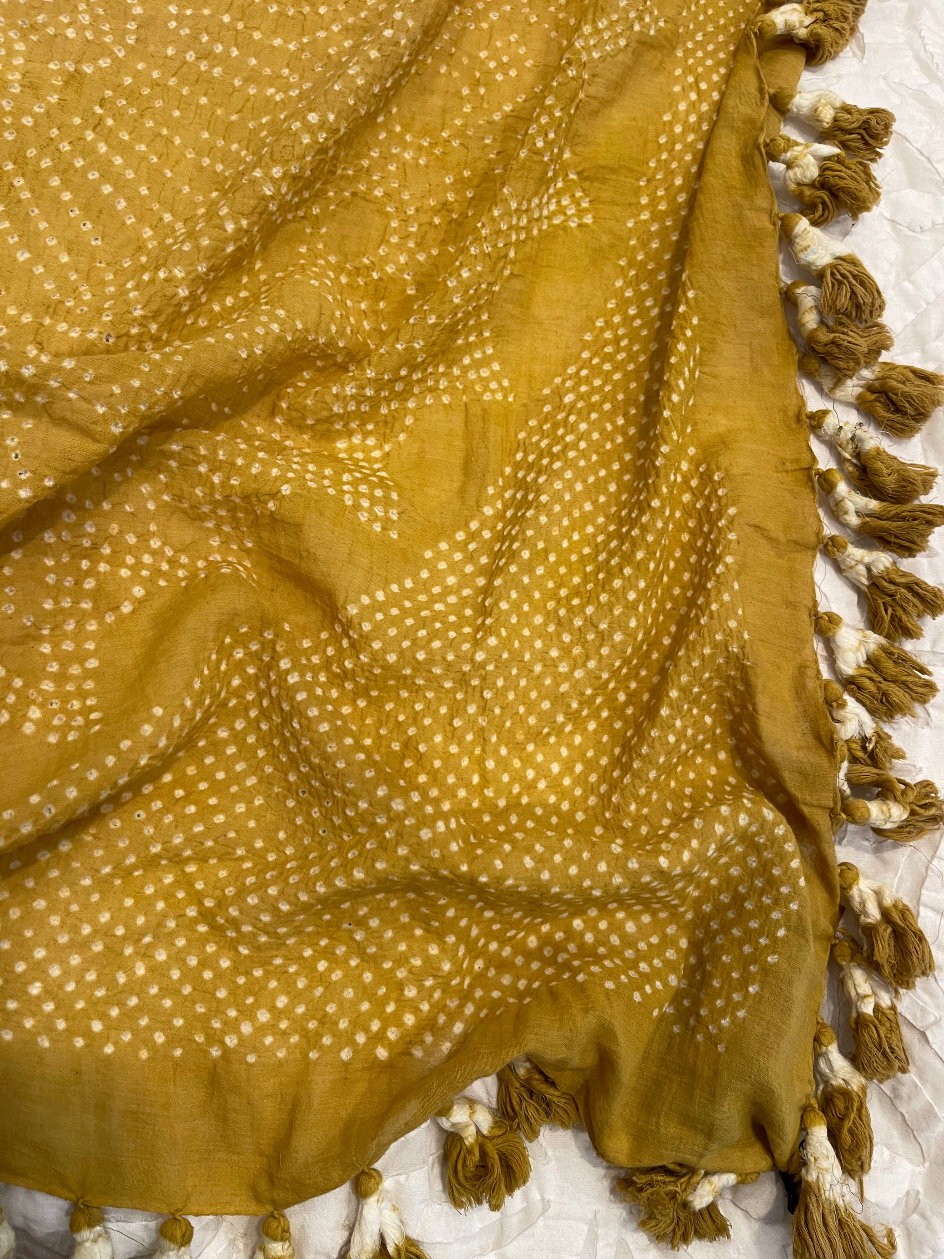 Bandhani Cotton Square Scarf With Pom Poms - Muted Mustard Mandala