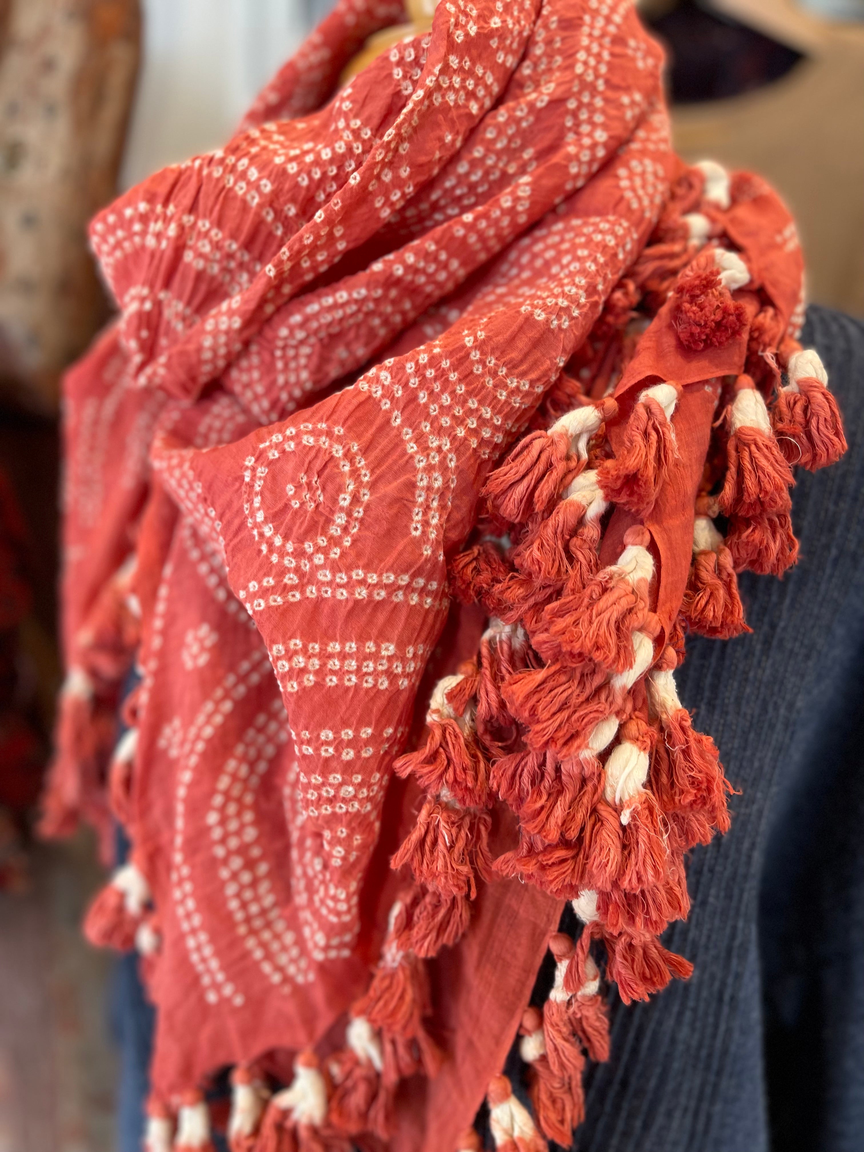 Bandhani Cotton Square Scarf With Pom Poms - Pale Pomegranate Circle