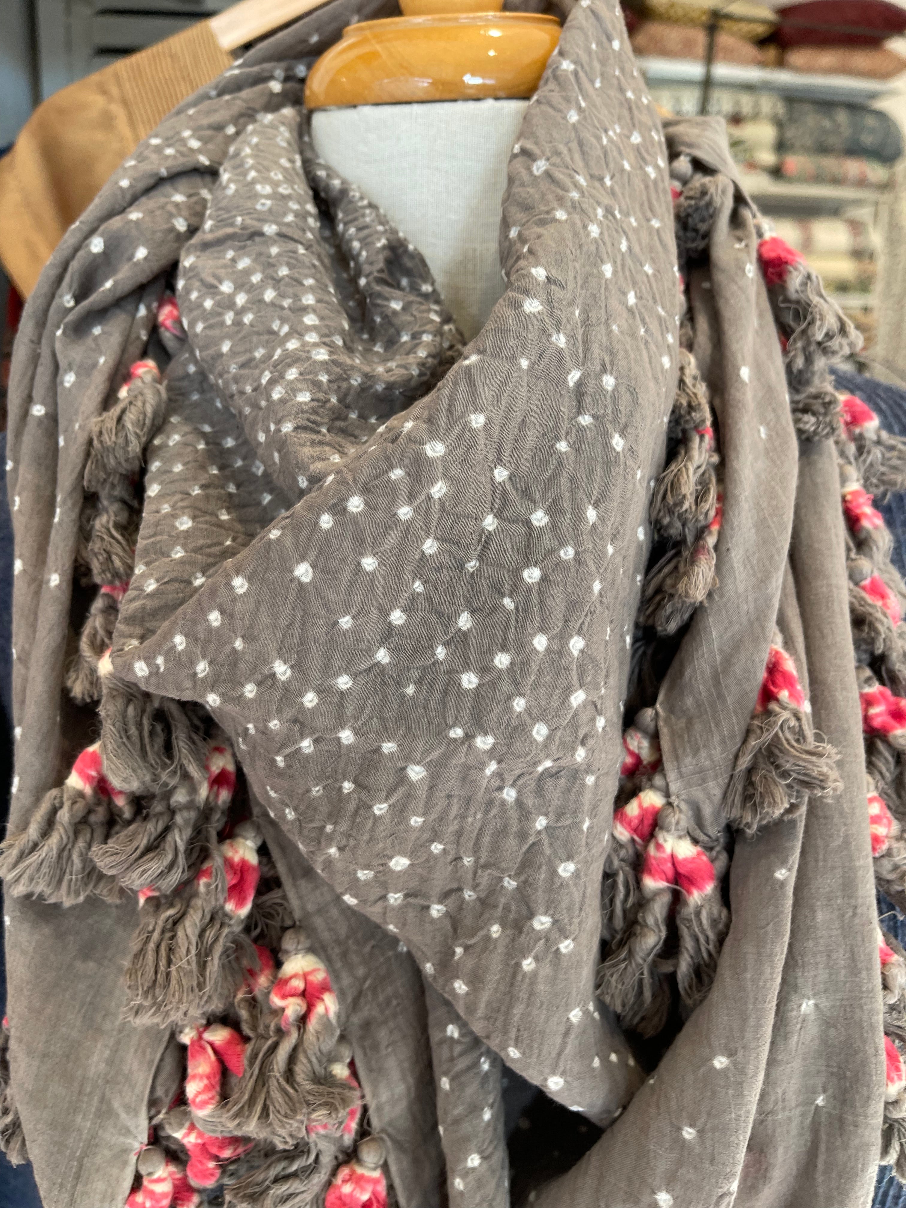Bandhani Cotton Square Scarf With Pom Poms - Earth Grey Constellation