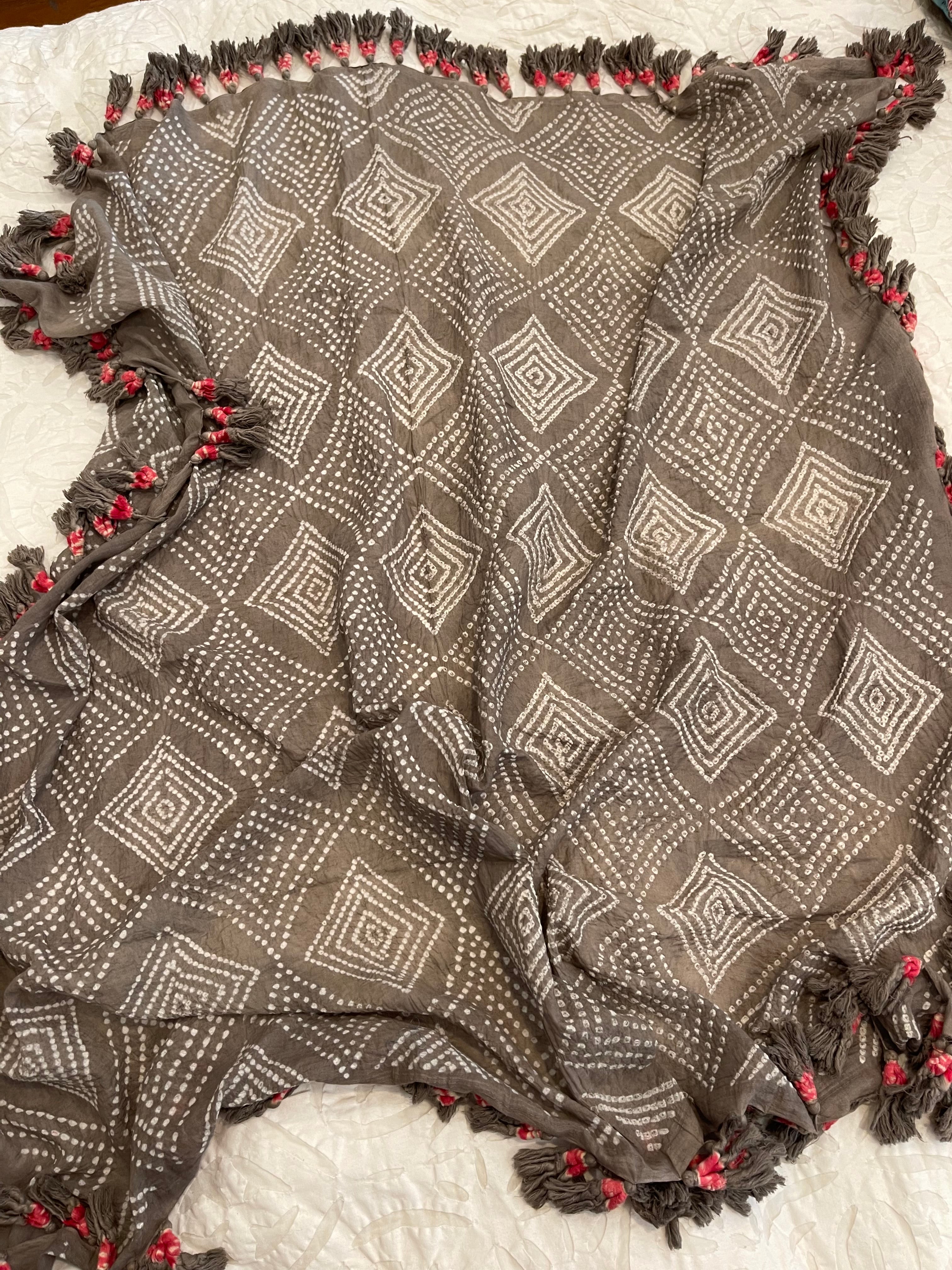 Bandhani Cotton Square Scarf With Pom Poms - Earth Grey Diamond