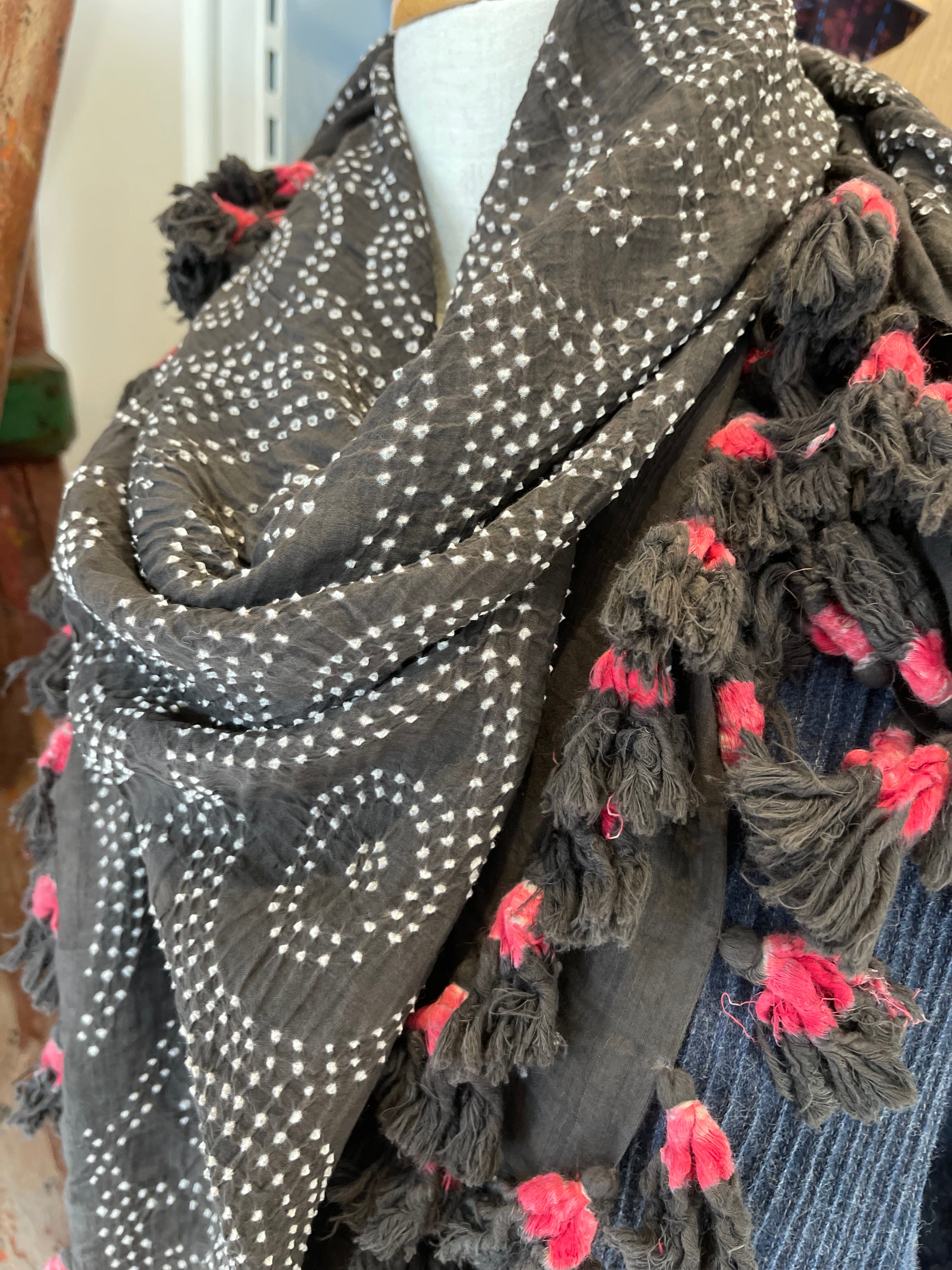 Bandhani Cotton Square Scarf With Pom Poms - Deep Slate Circle Success Active