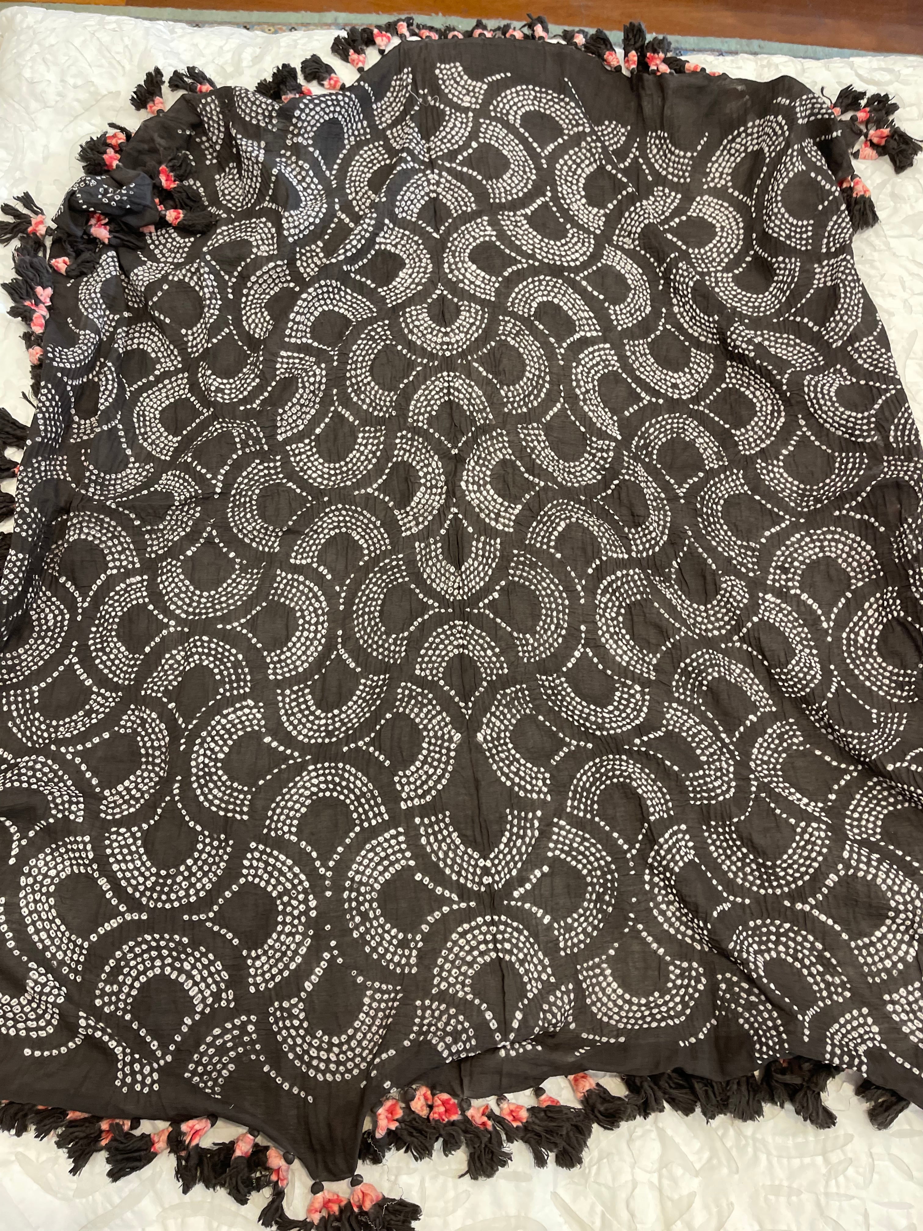 Bandhani Cotton Square Scarf With Pom Poms - Deep Slate Scallop