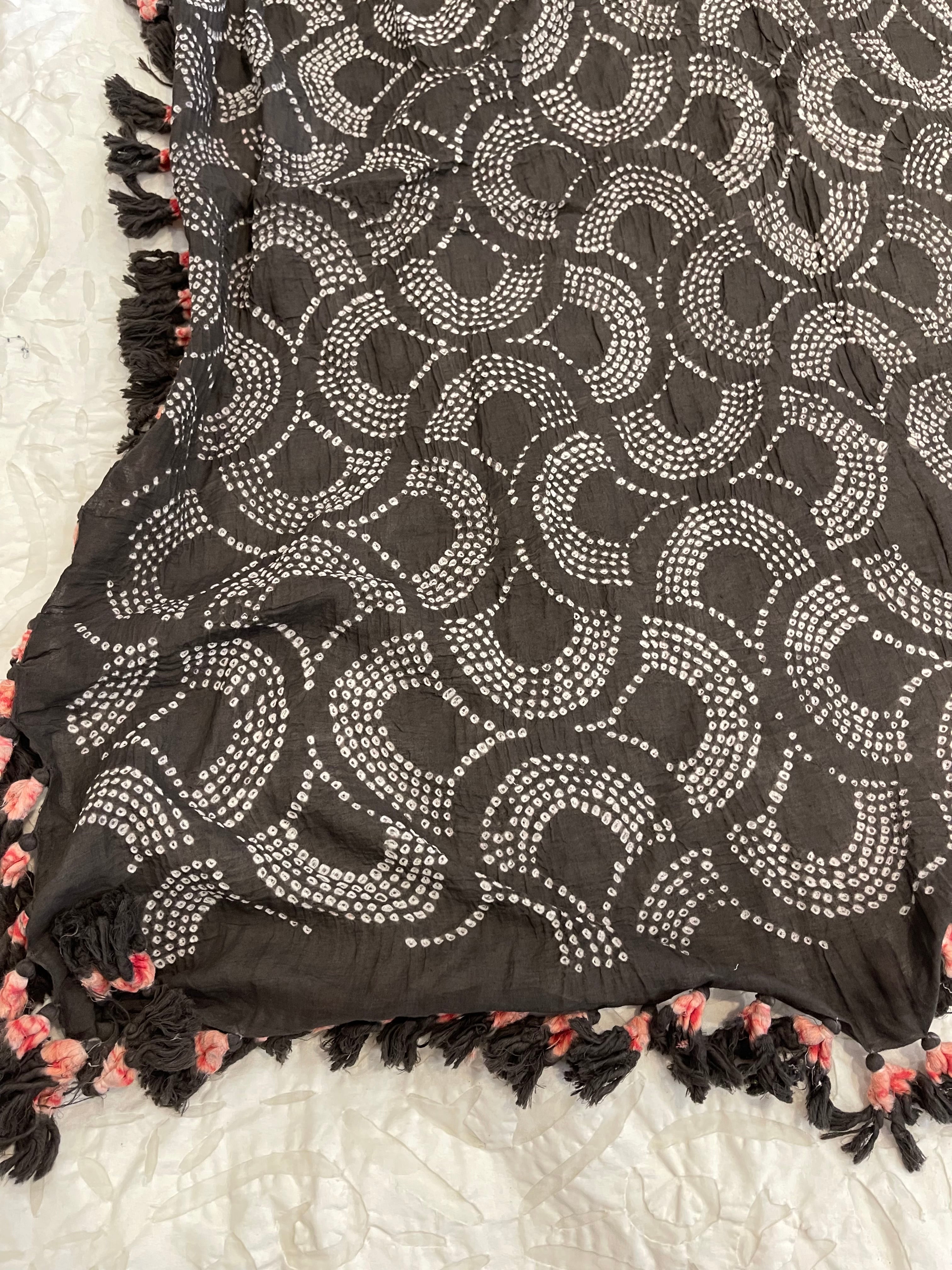 Bandhani Cotton Square Scarf With Pom Poms - Deep Slate Scallop