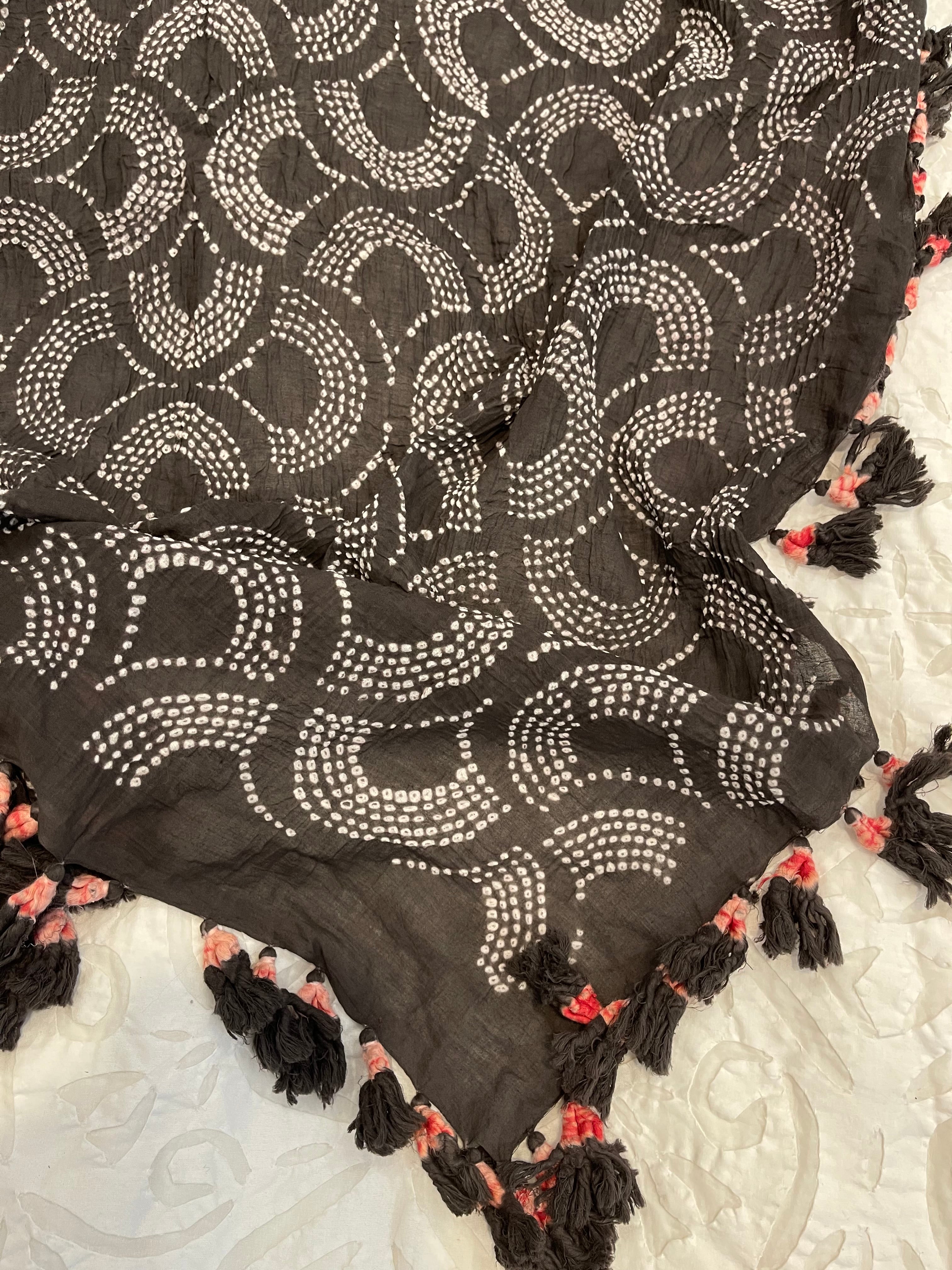 Bandhani Cotton Square Scarf With Pom Poms - Deep Slate Scallop