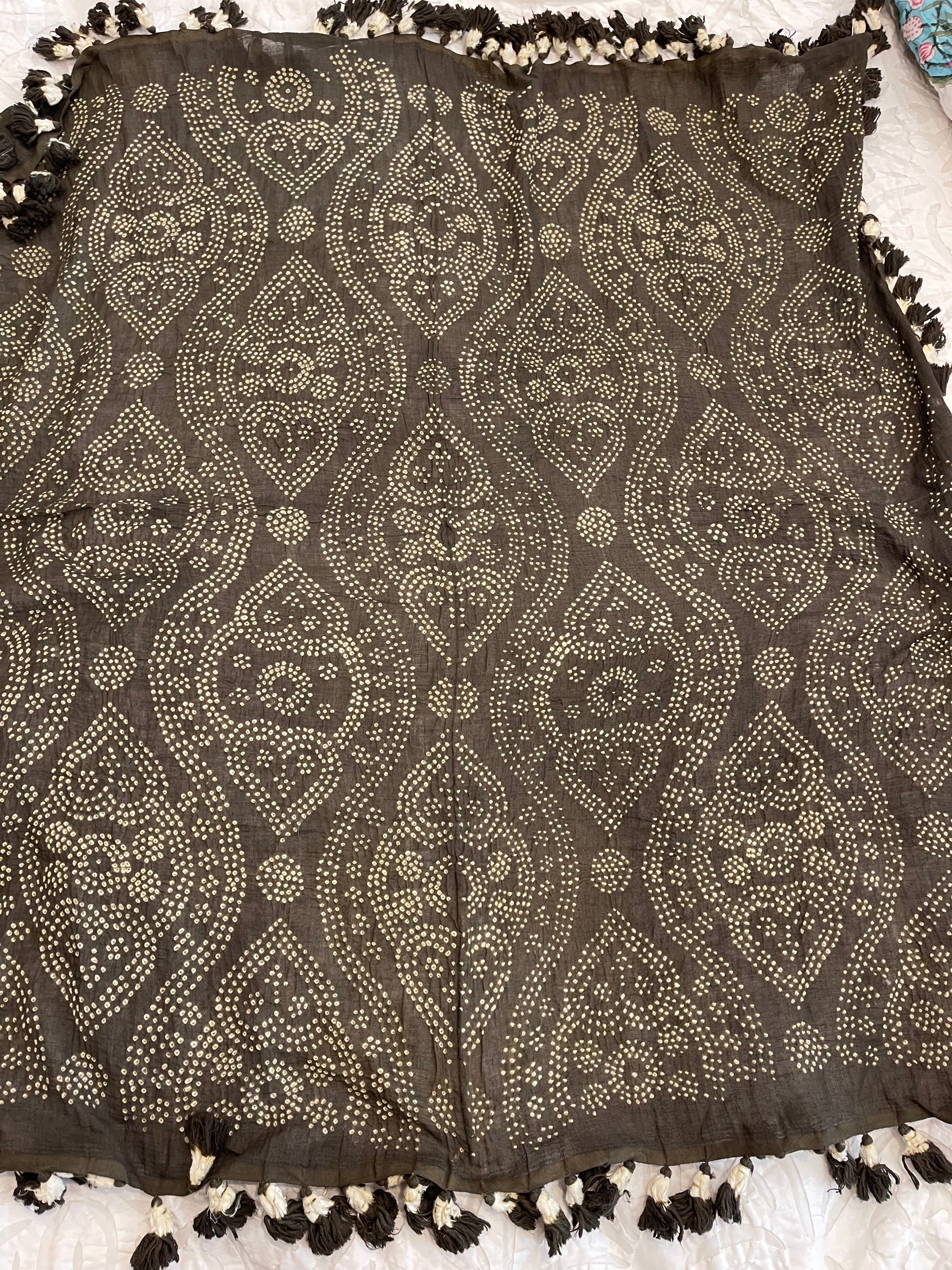 Bandhani Cotton Square Scarf With Pom Poms - Dark Khaki Heart
