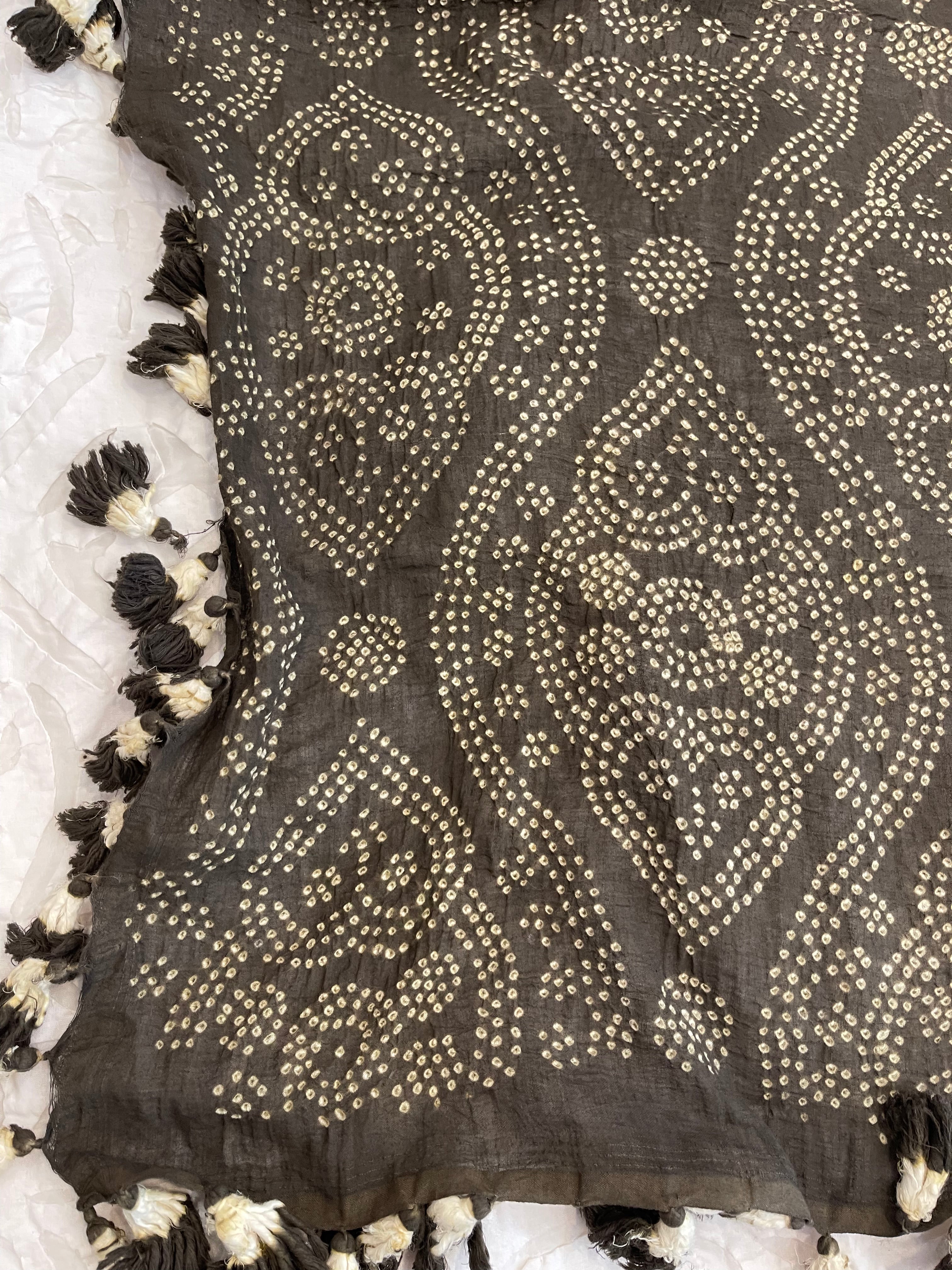 Bandhani Cotton Square Scarf With Pom Poms - Dark Khaki Heart