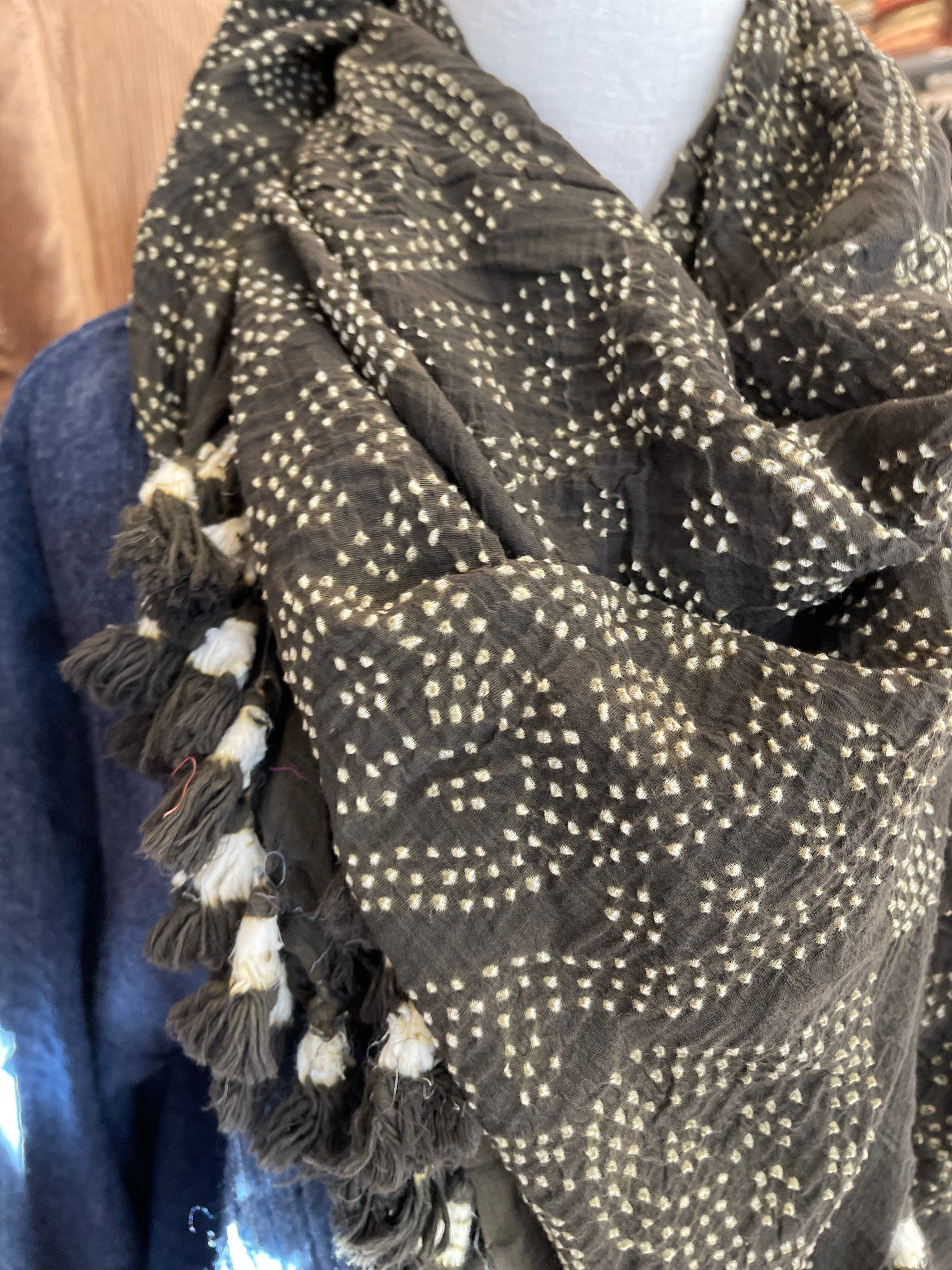 Bandhani Cotton Square Scarf With Pom Poms - Dark Khaki Heart