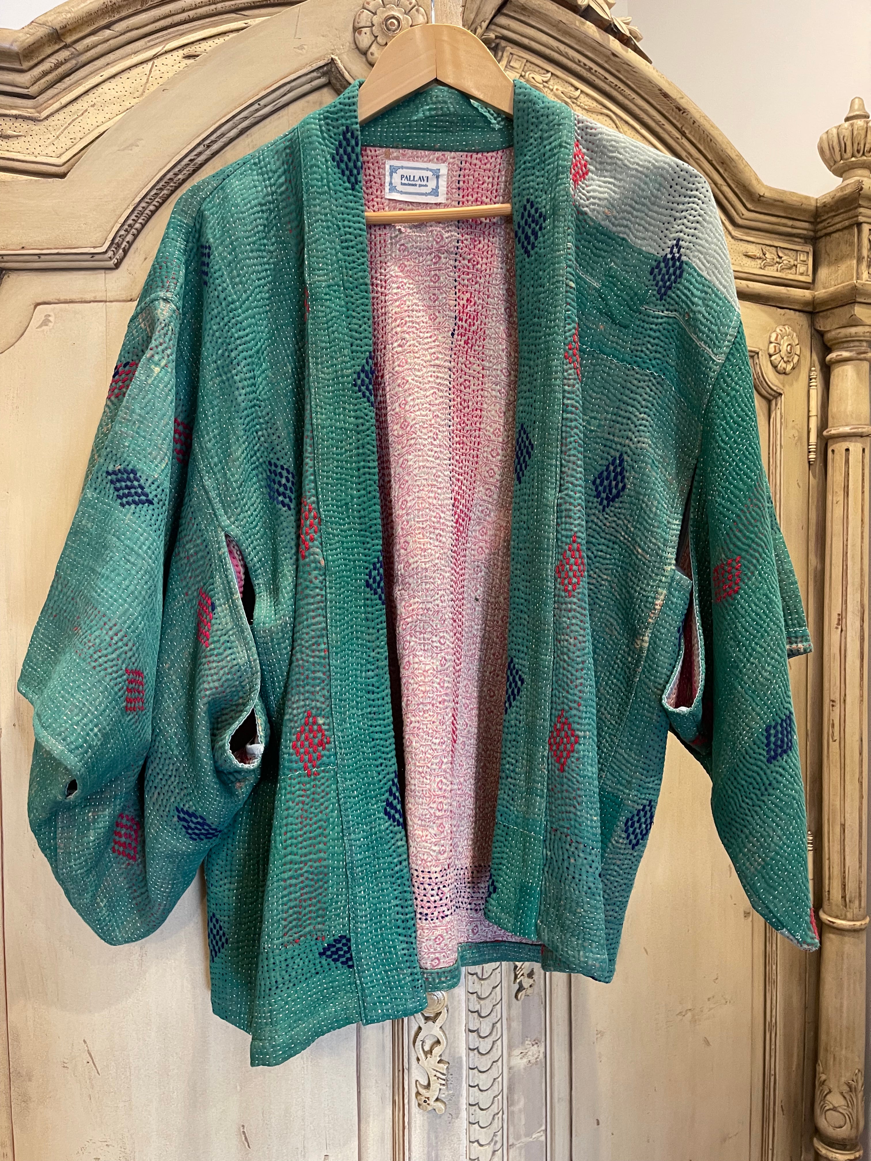 Vintage Kantha Jacket Kimono Style - Jade