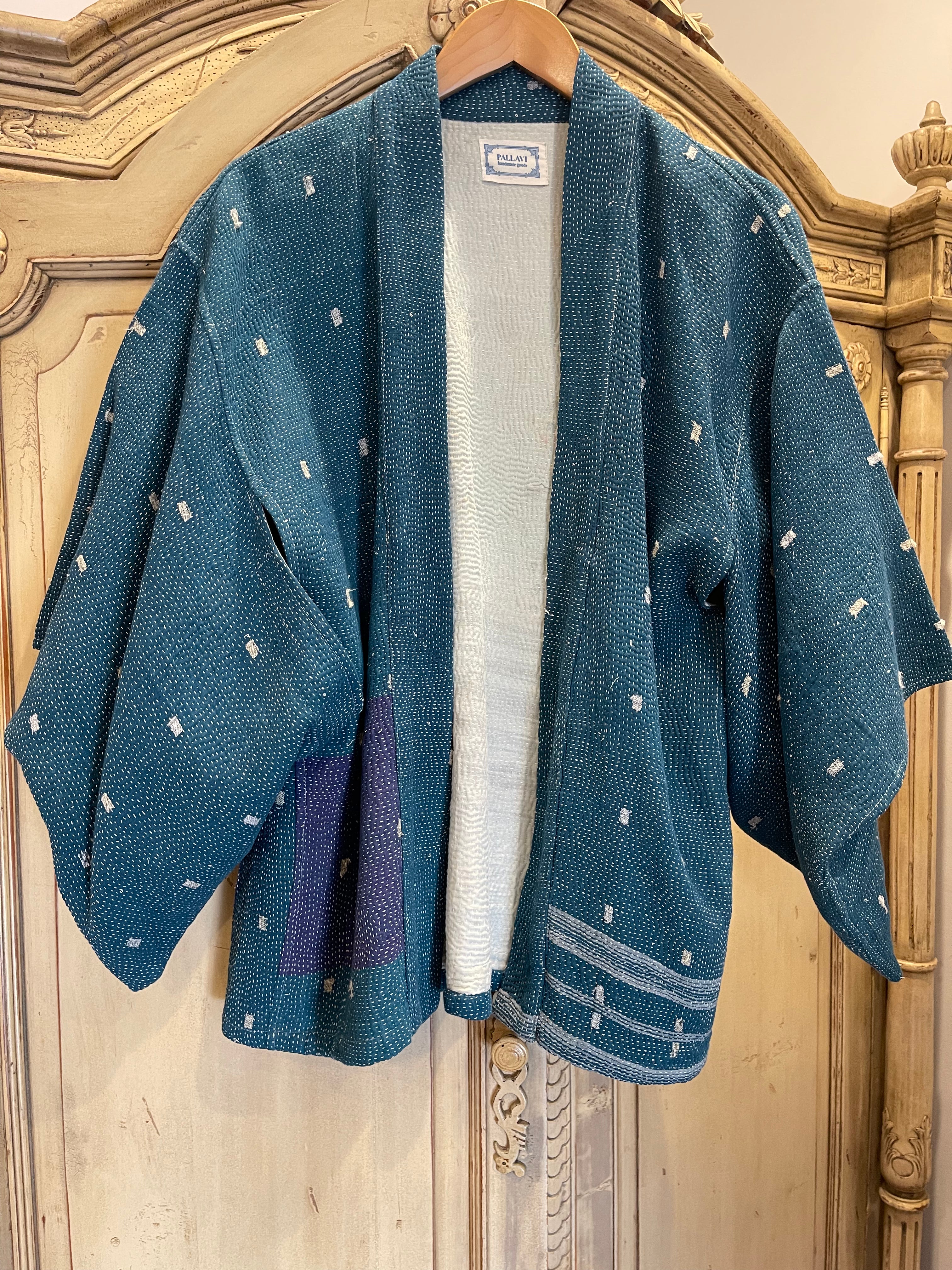 Vintage Kantha Jacket Kimono Style - Ocean Blue