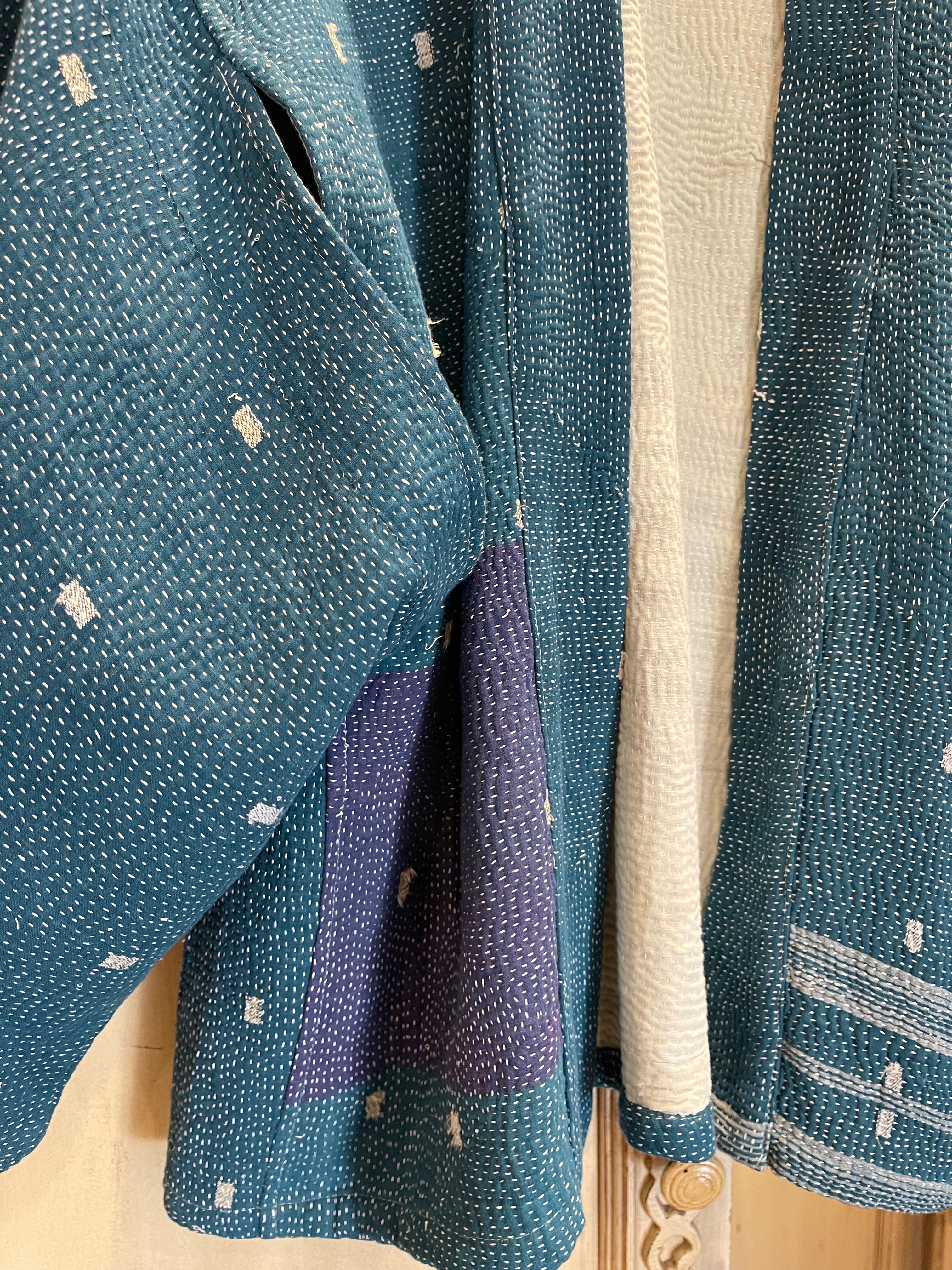 Vintage Kantha Jacket Kimono Style - Ocean Blue