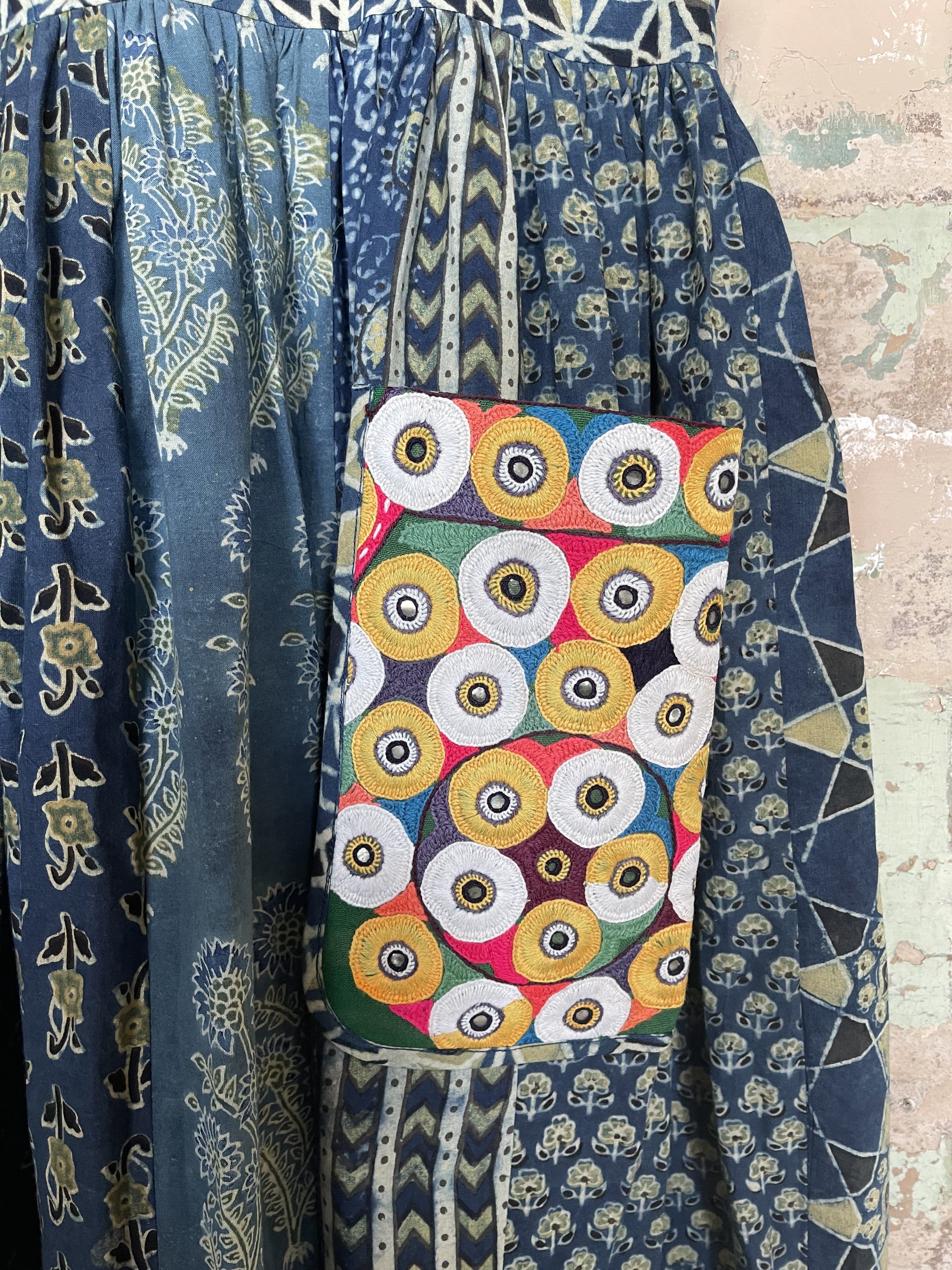 Handblock Printed Dress - Ajrak Indigo Circular Pockets