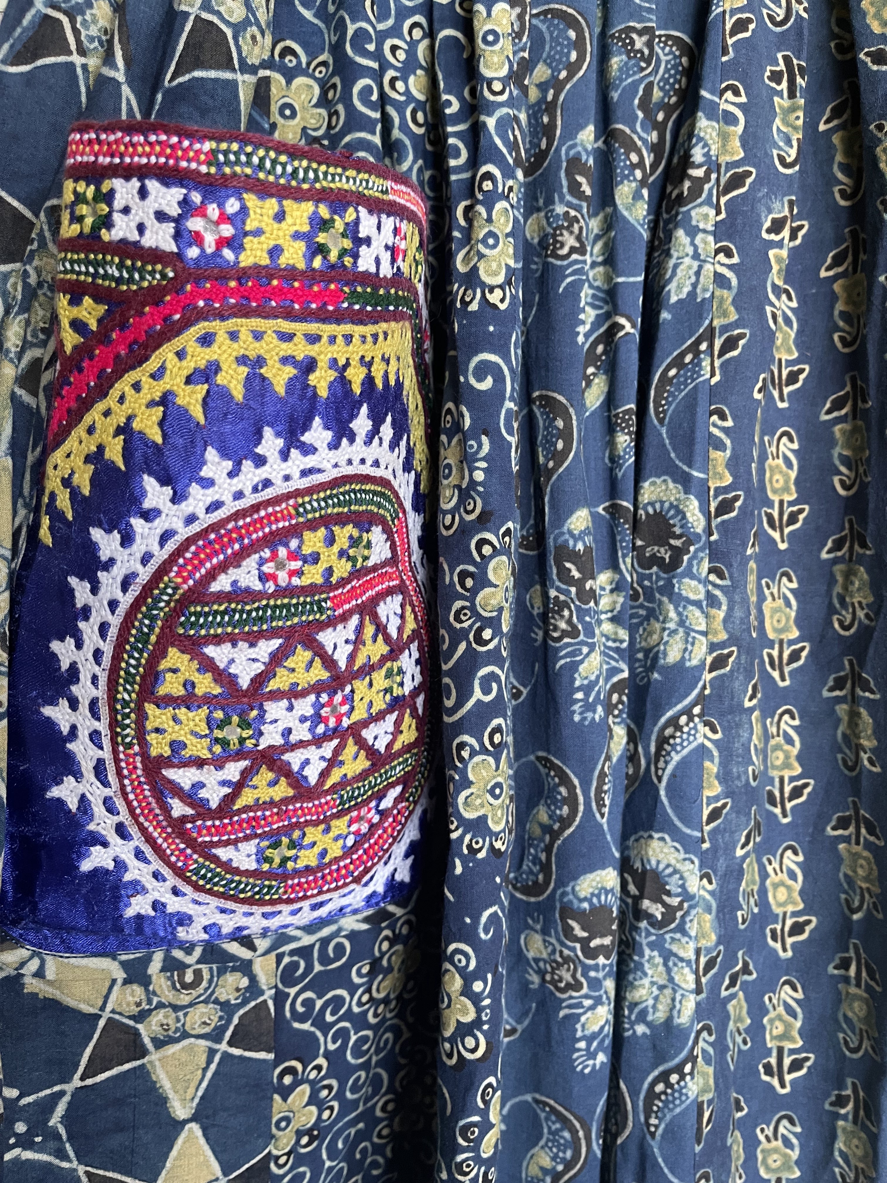 Handblock Printed Dress - Ajrak Indigo Embroidered Pockets