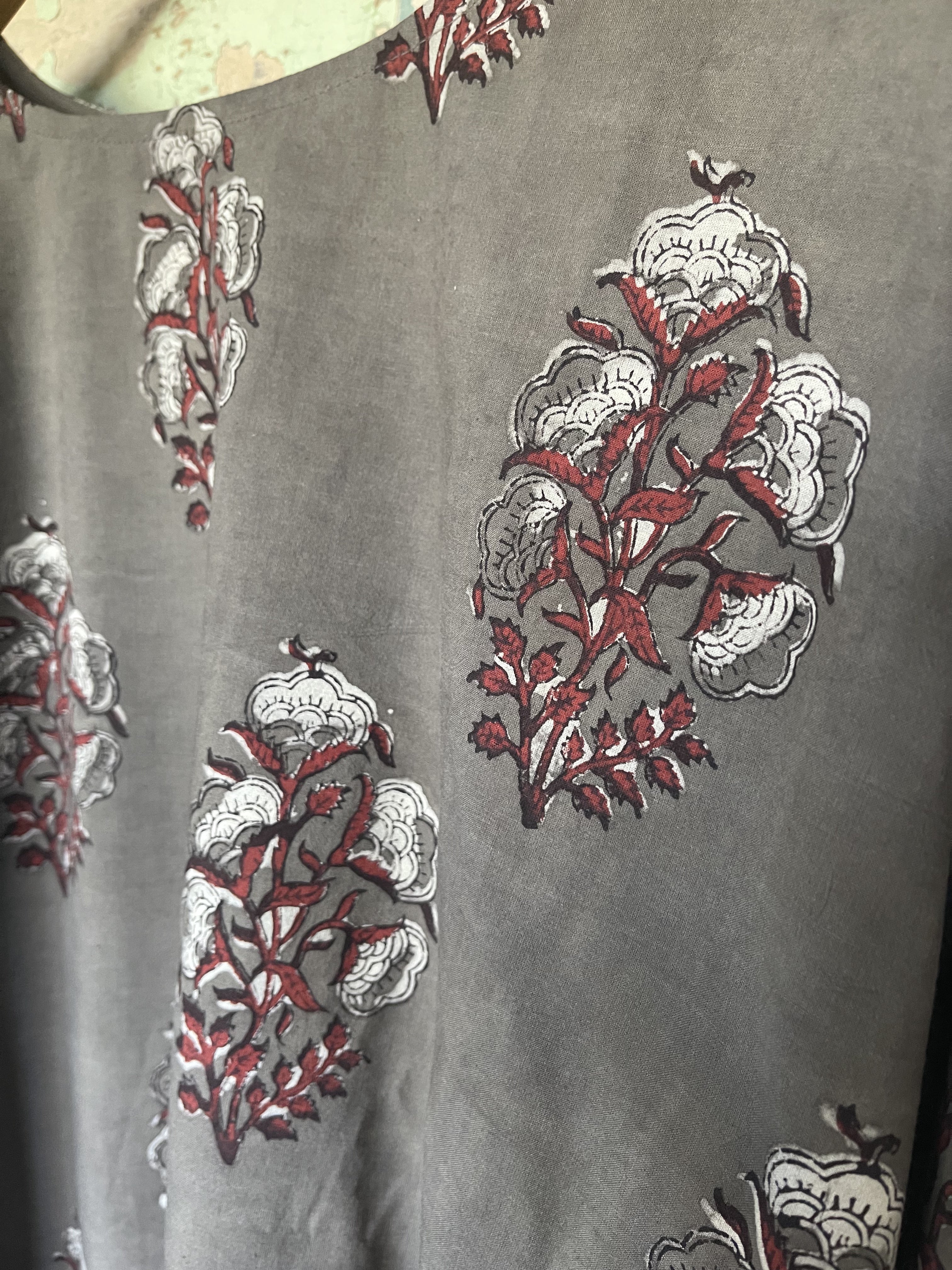 Fine Indian cotton handblock AJRAKH top in natural dyes, Earth Pattern