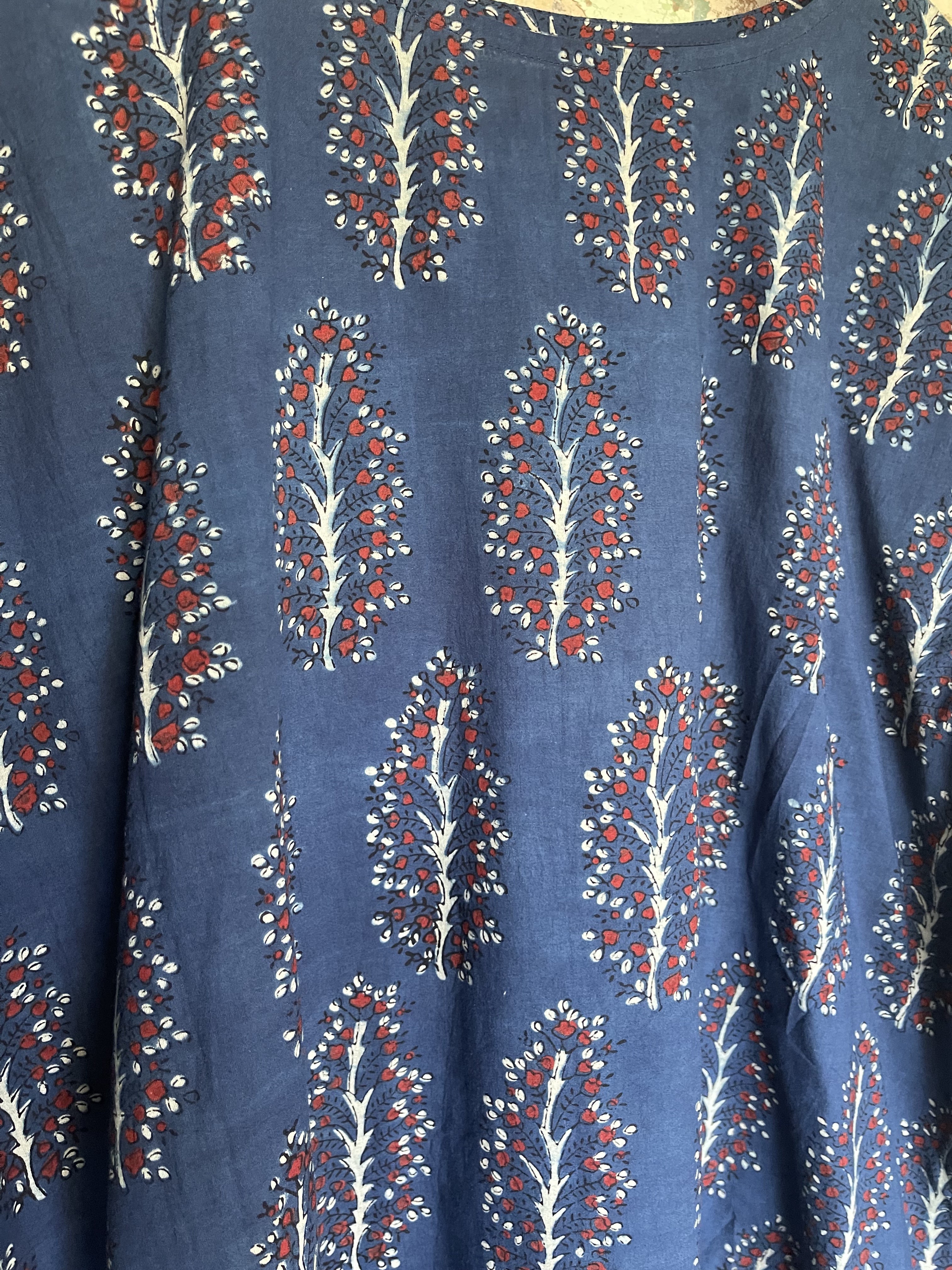 Fine Indian cotton handblock AJRAKH  top in natural dyes, Indigo Tree Pattern