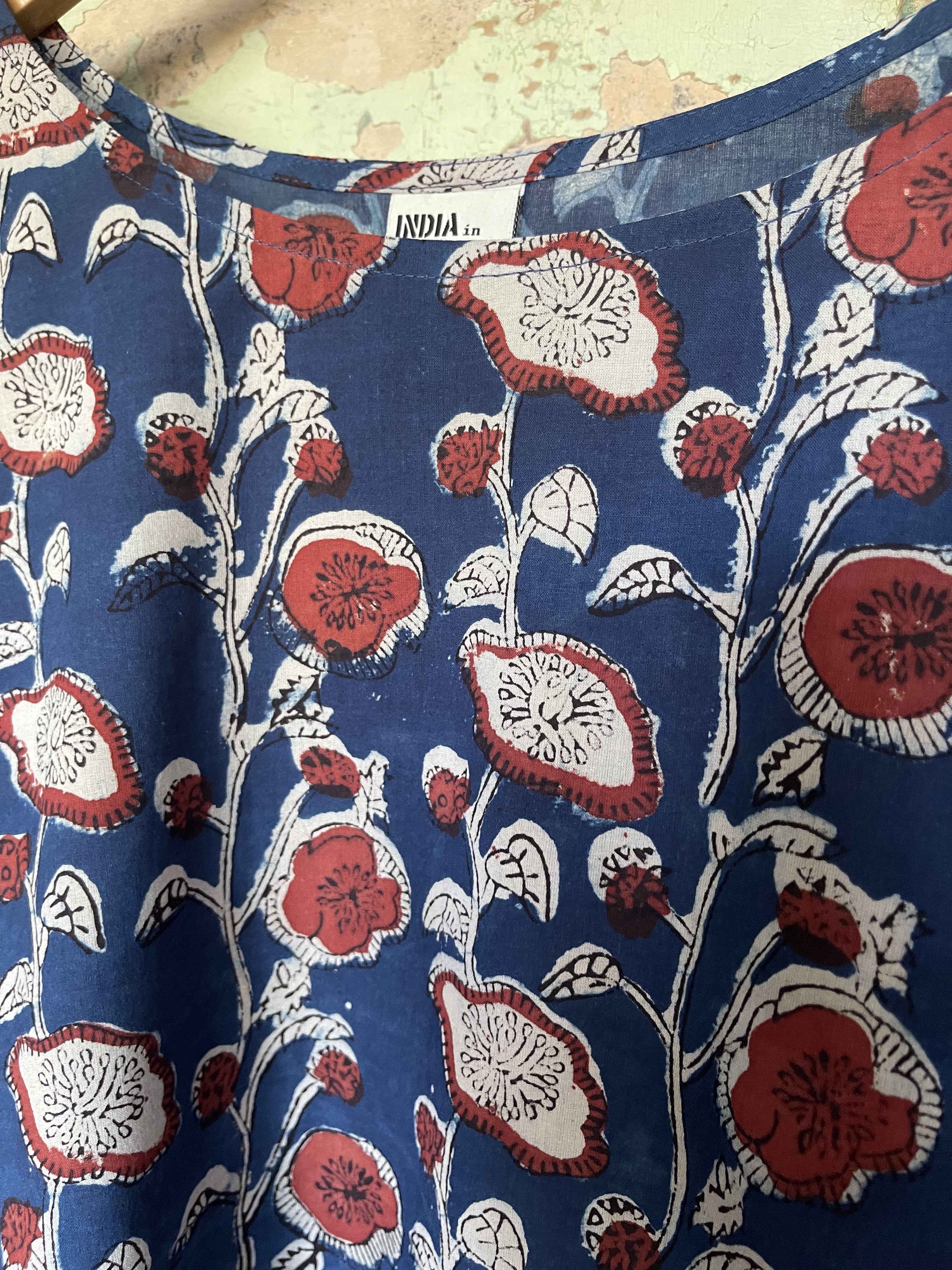 Fine Indian cotton handblock AJRAKH top in natural dyes, Indigo Vine Pattern