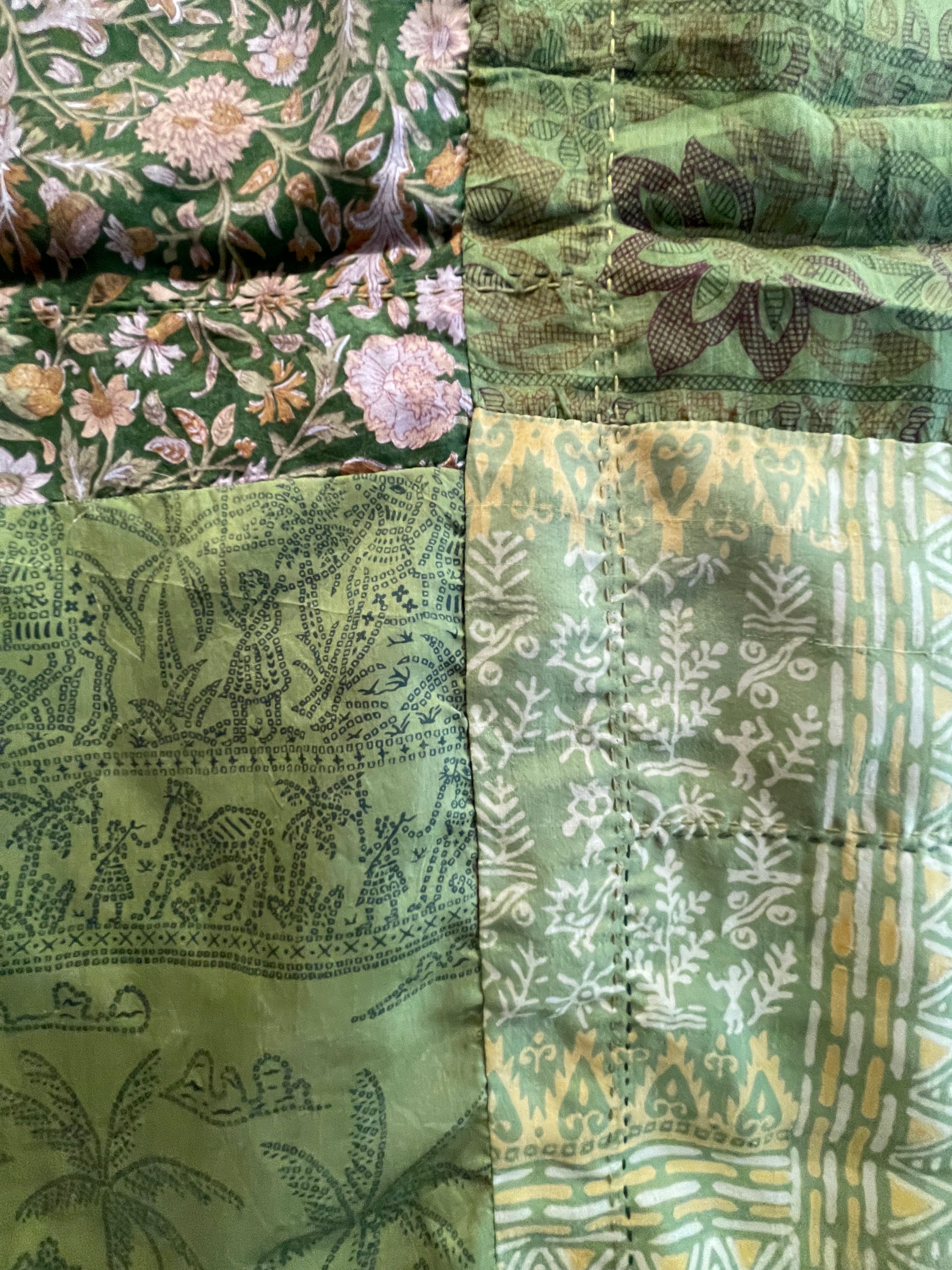 Vintage Silk Sari Scarf- Grassland Patch