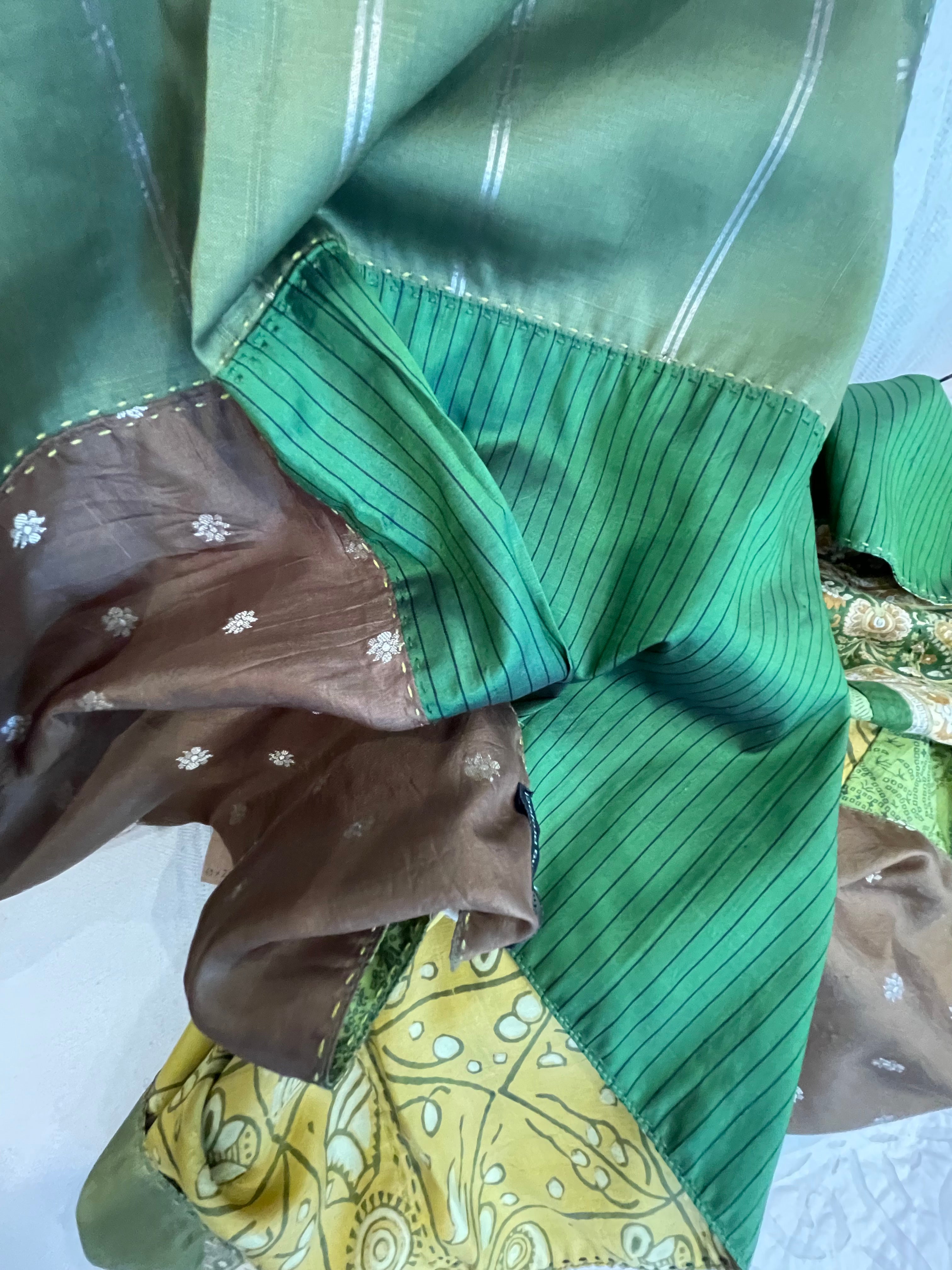 Vintage Silk Sari Scarf- Grassland Patch