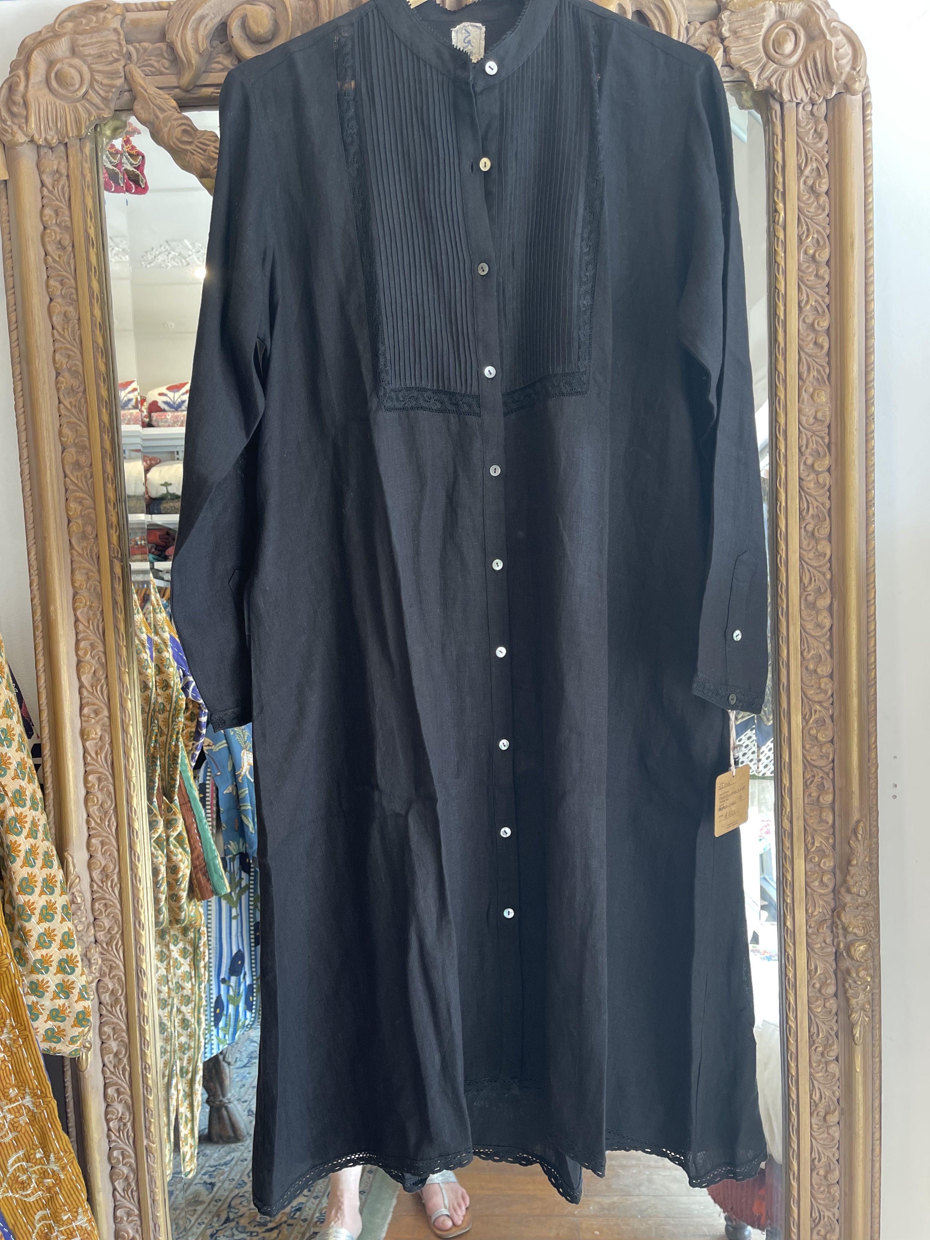 HEERA LINEN SHIRT DRESS with LACE - BLACK
