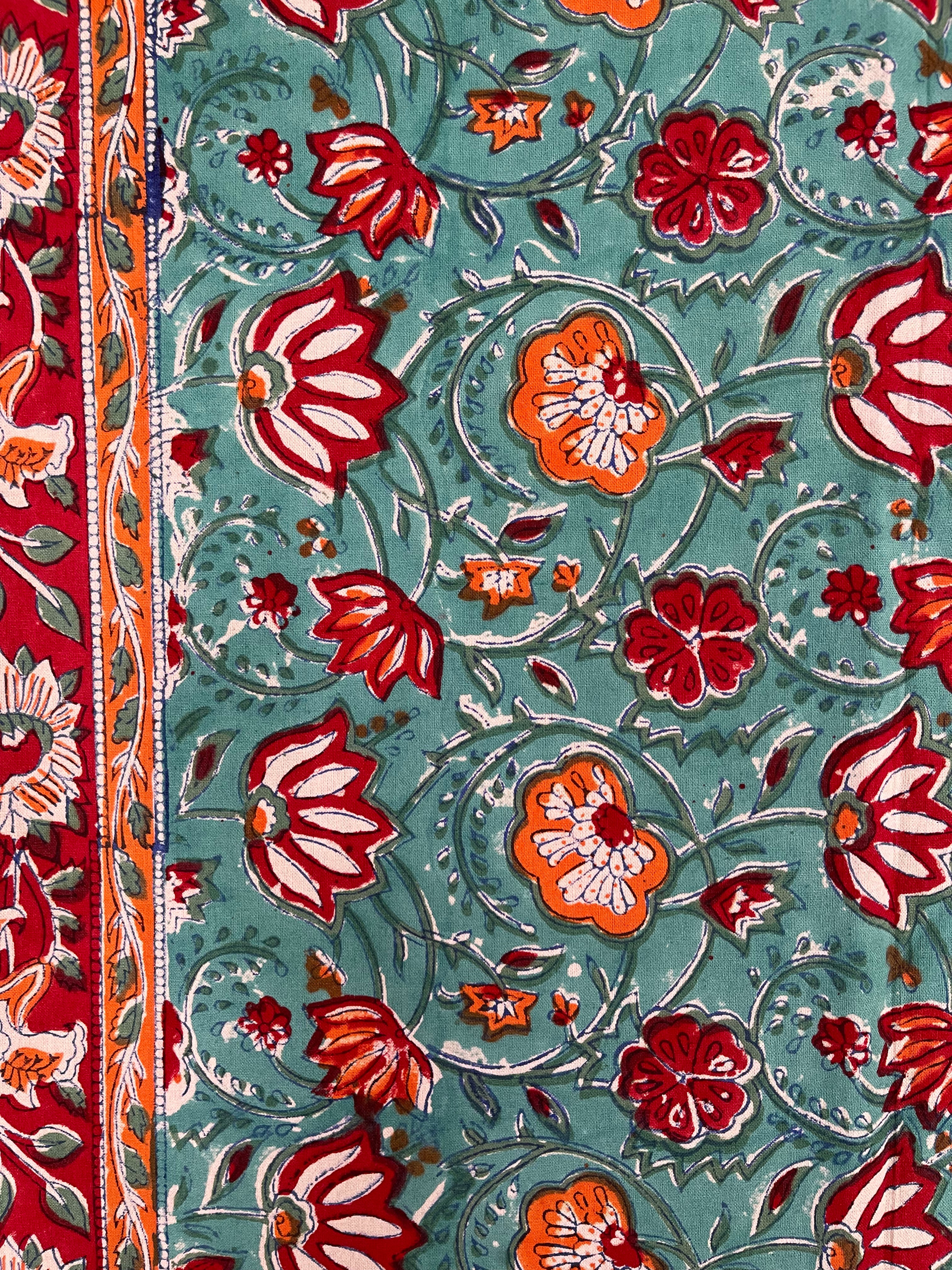 Block Printed Cotton Sheet - CORAL SEA
