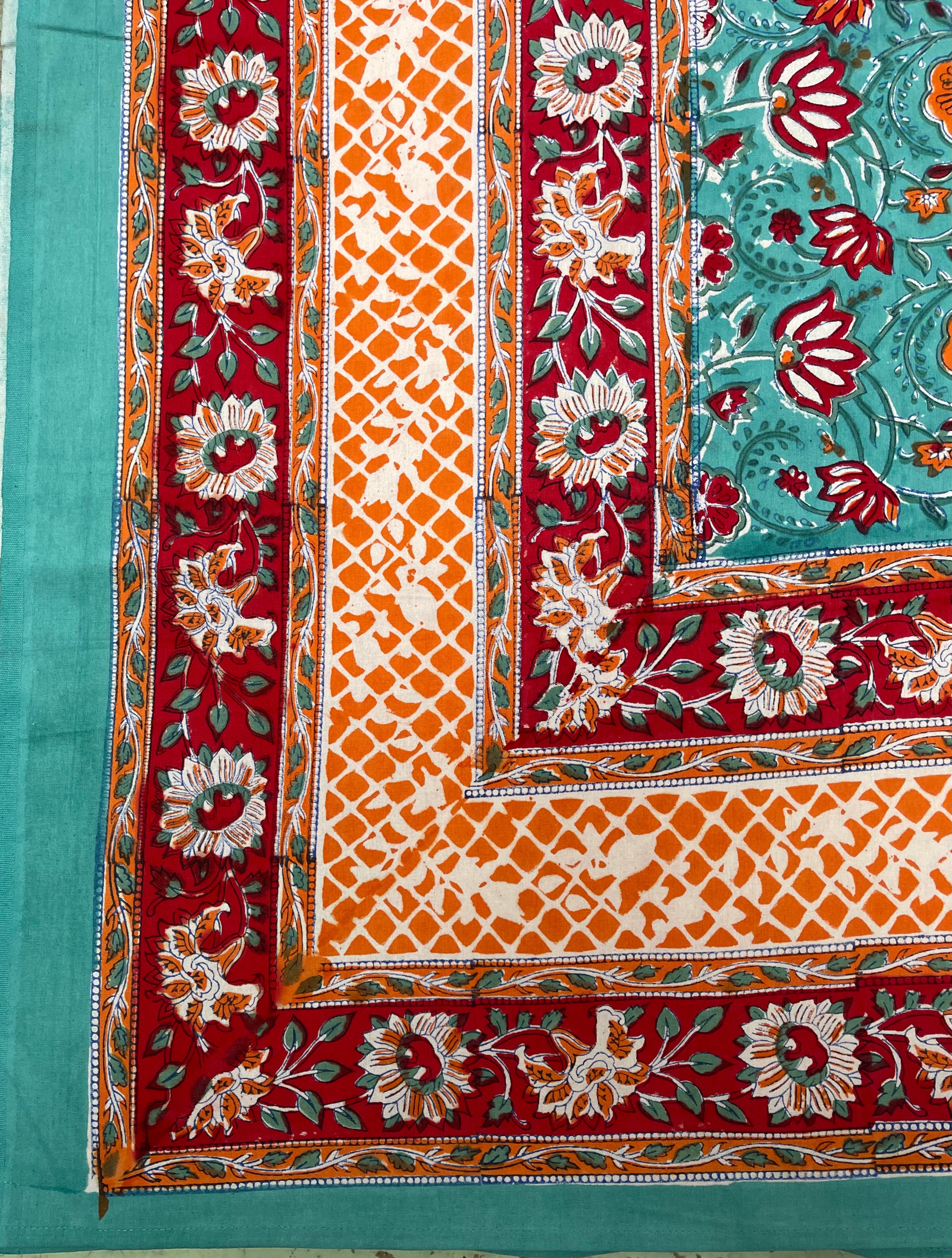 Block Printed Cotton Sheet - CORAL SEA