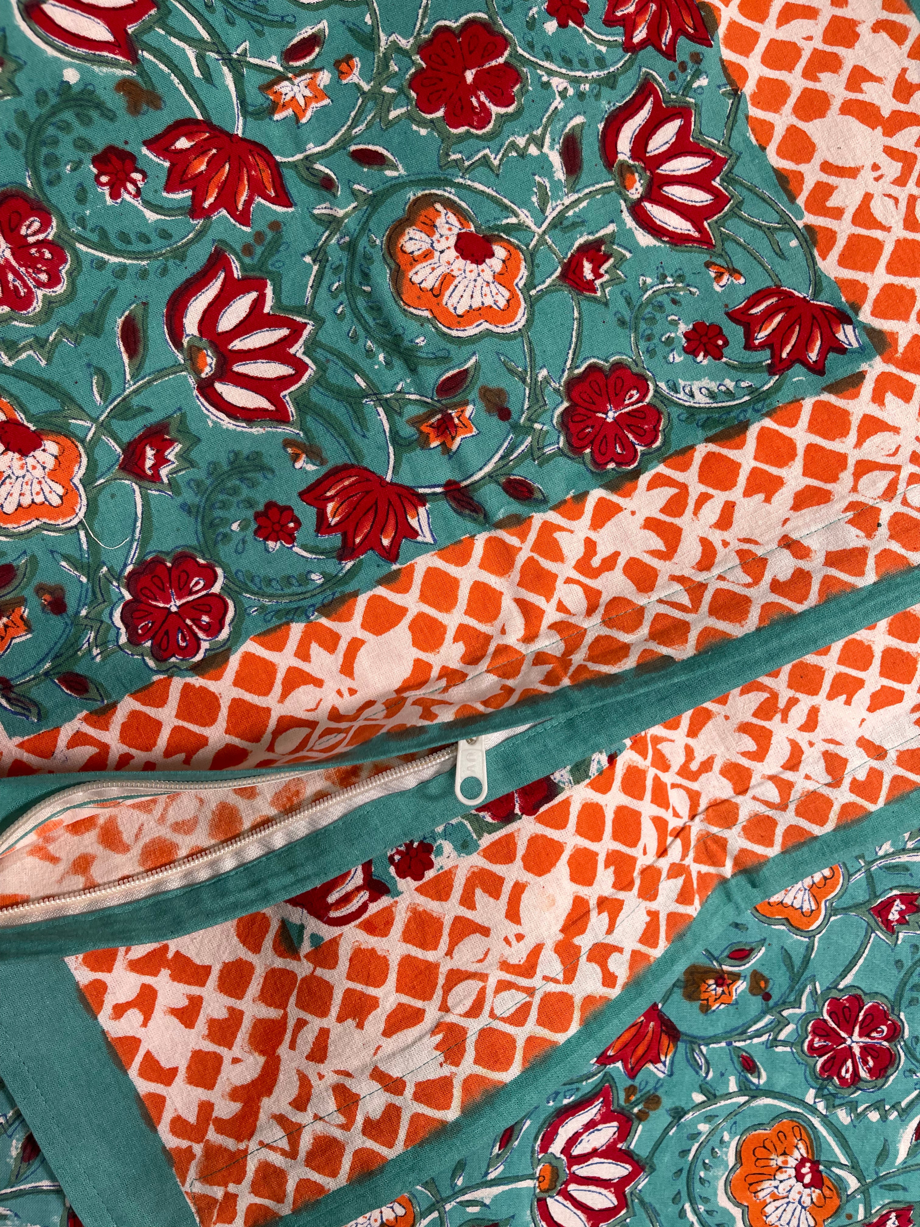 Block Printed Cotton Sheet - CORAL SEA