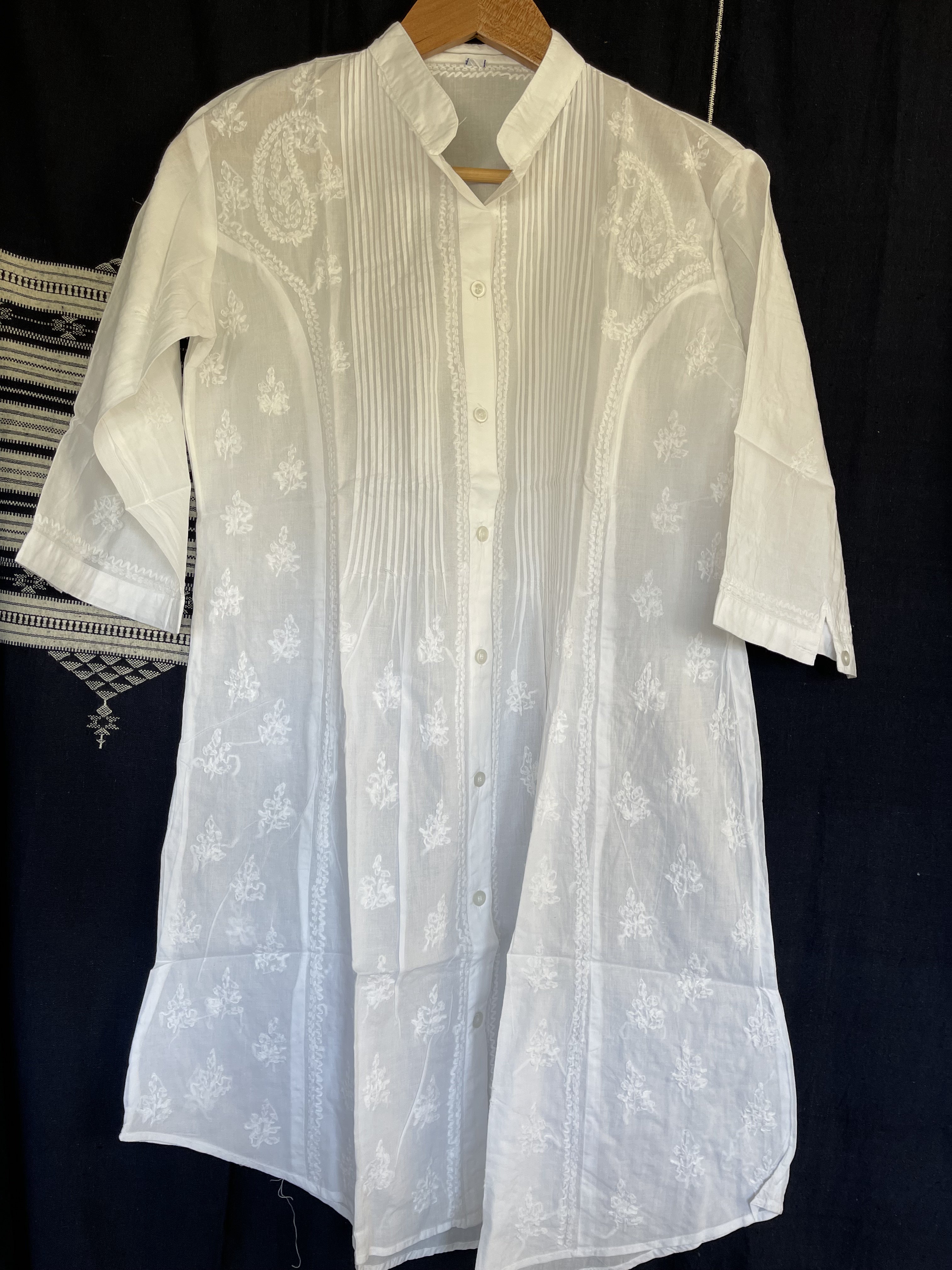 White on White Embroidered - Button through Top - Long