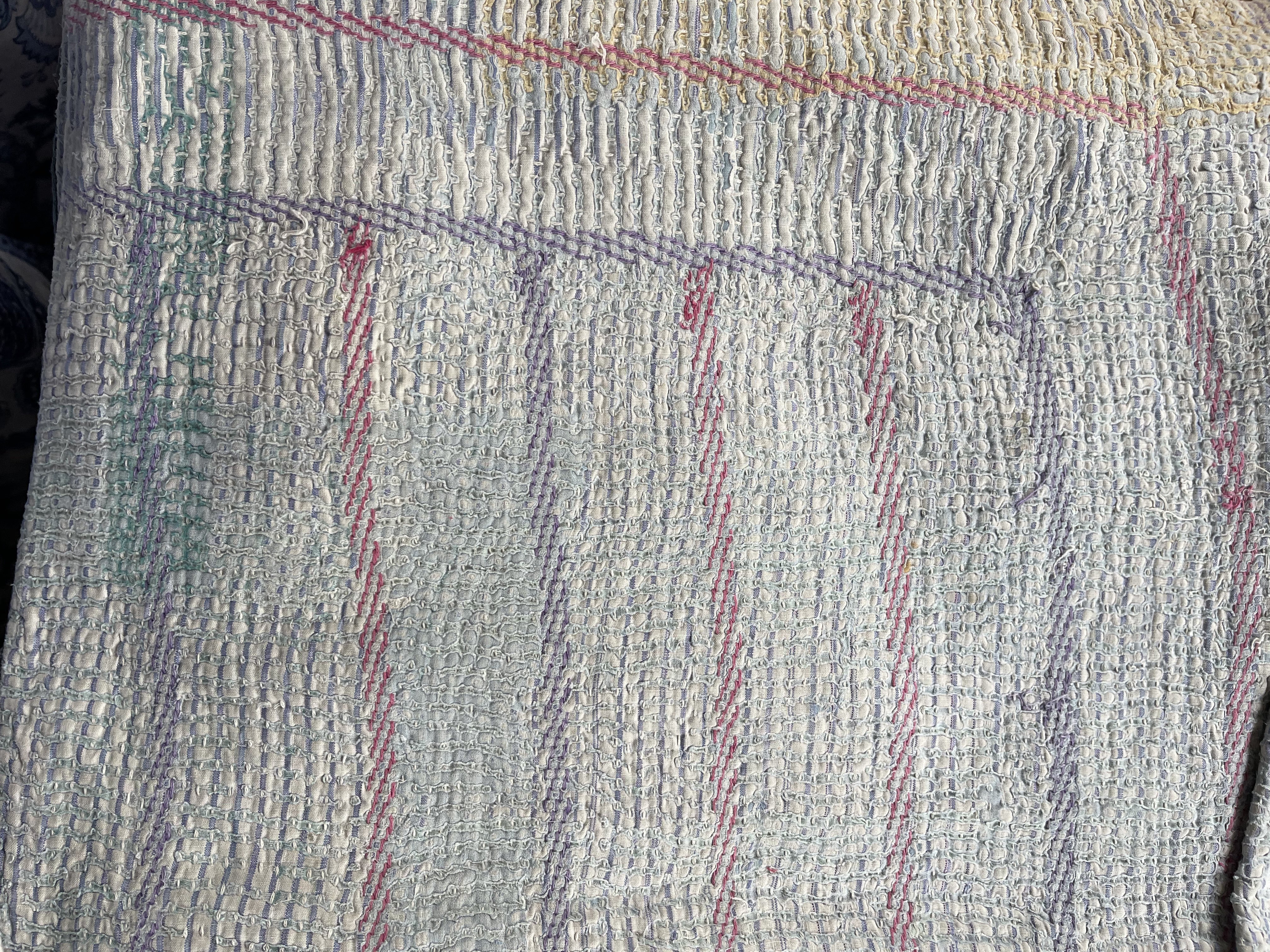 Rectangular Vintage Kantha Cushion - Blue Stripe 2