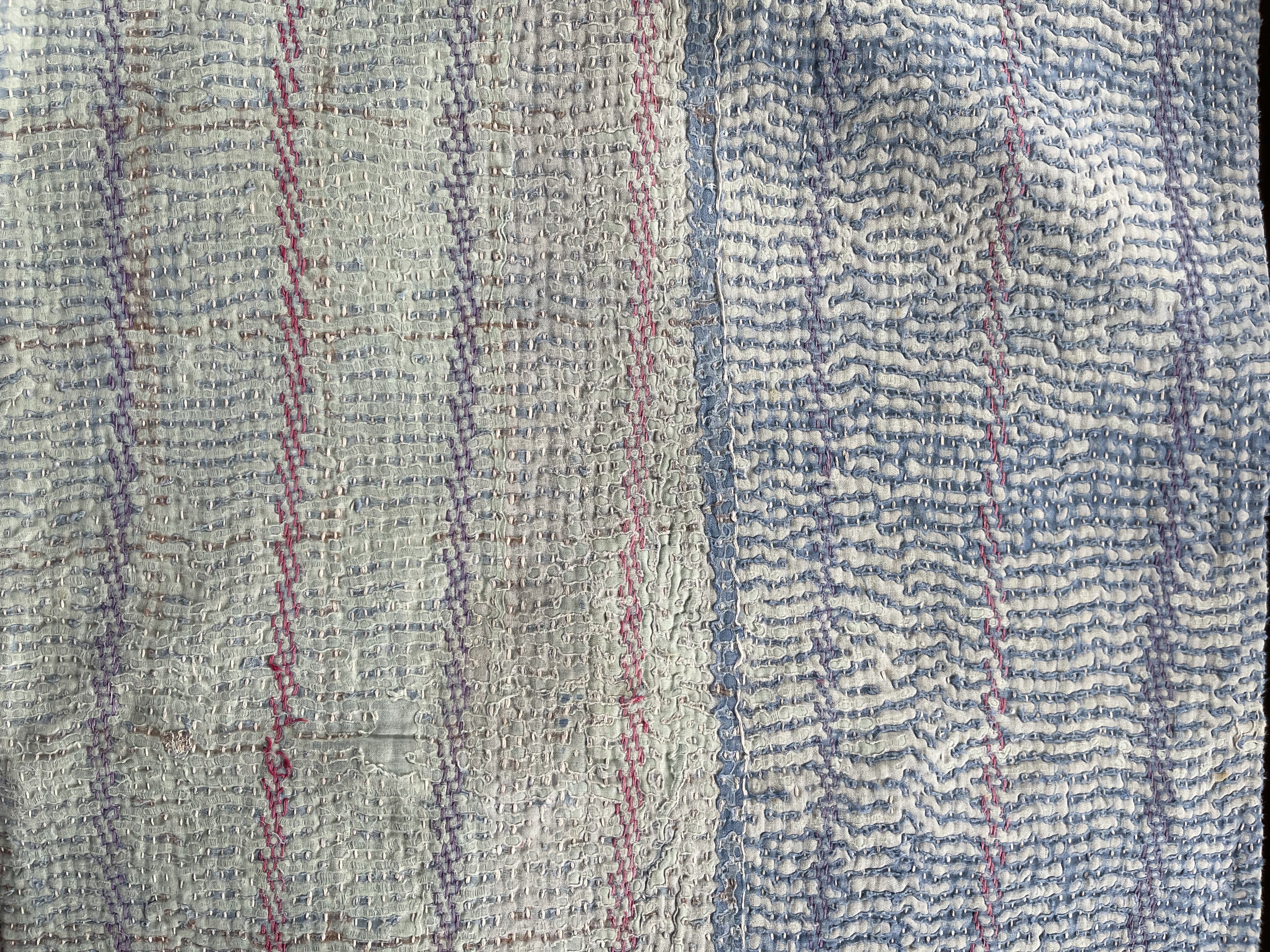 Rectangular Vintage Kantha Cushion - Blue Stripe 4