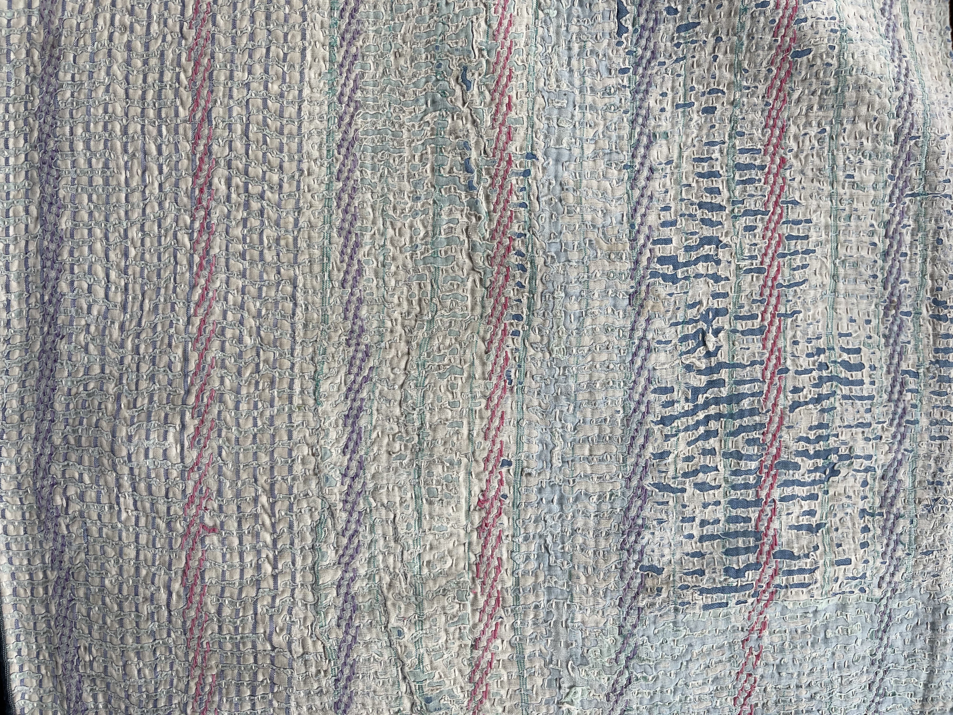 Rectangular Vintage Kantha Cushion - Blue Stripe 5