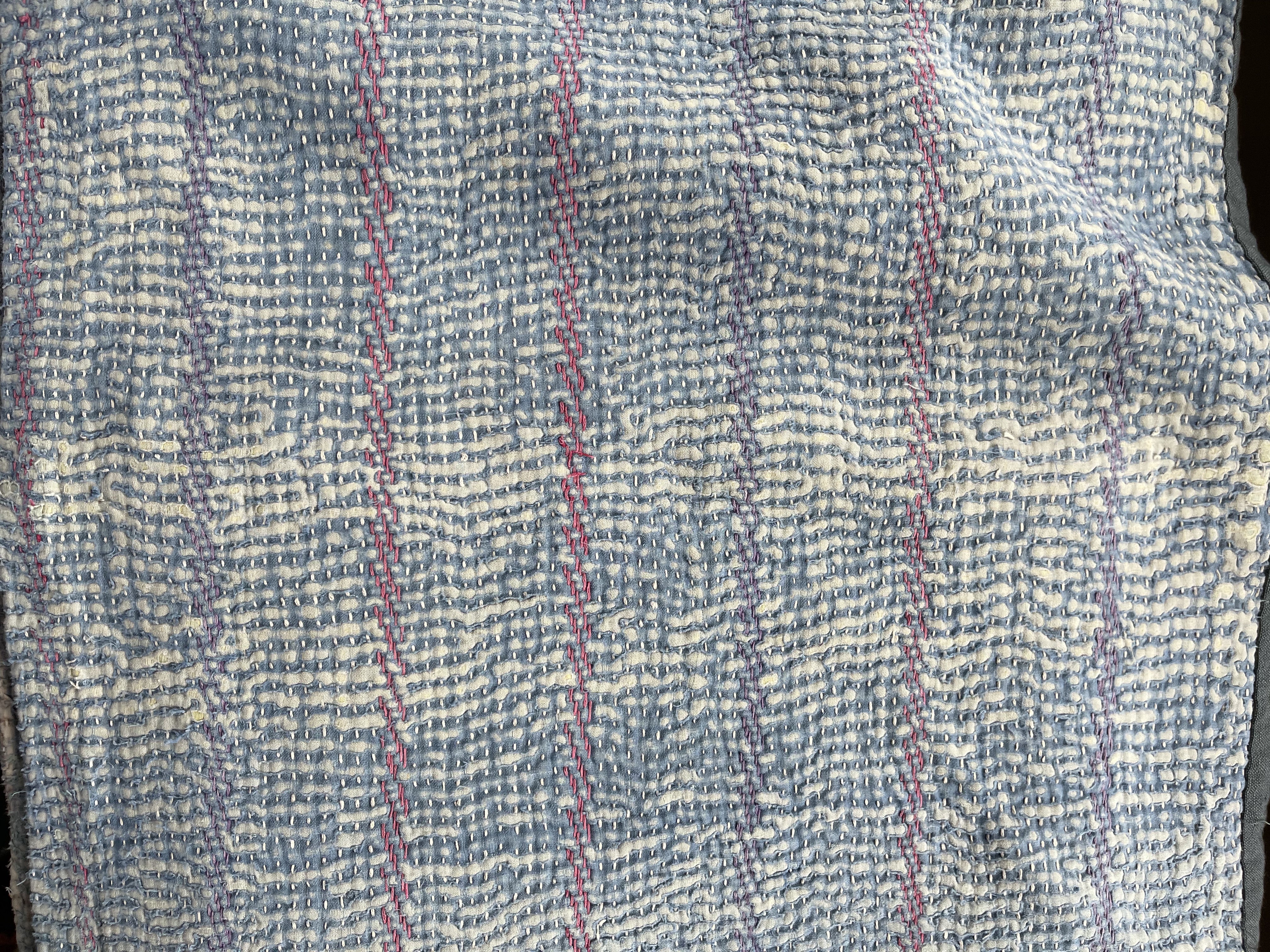 Rectangular Vintage Kantha Cushion - Blue Stripe 7