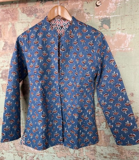 Handblock Printed Mughal Jacket - Blue Meadow