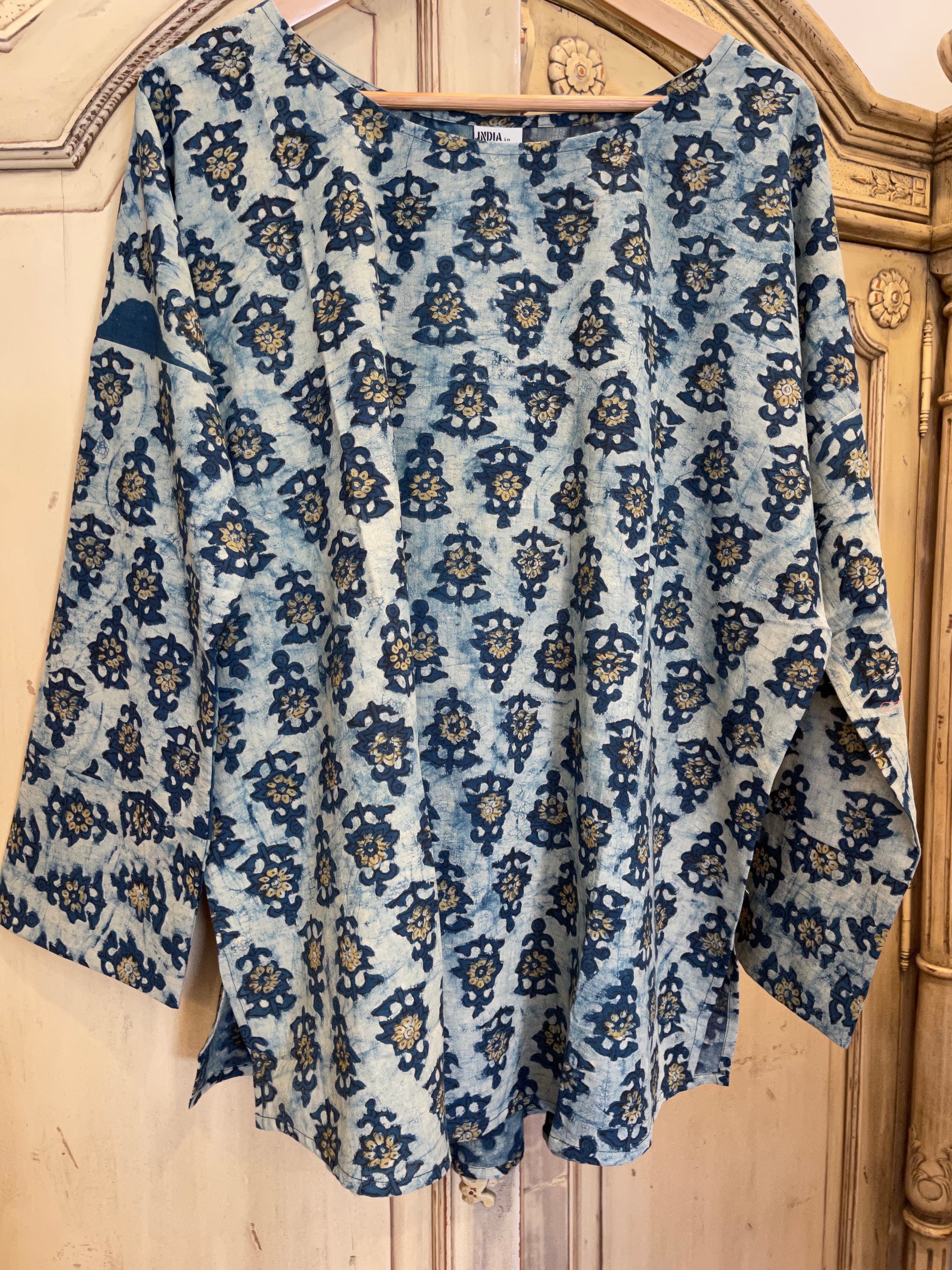 Fine Indian cotton handblock AJRAKH top in natural dyes, Indigo Wash Pattern