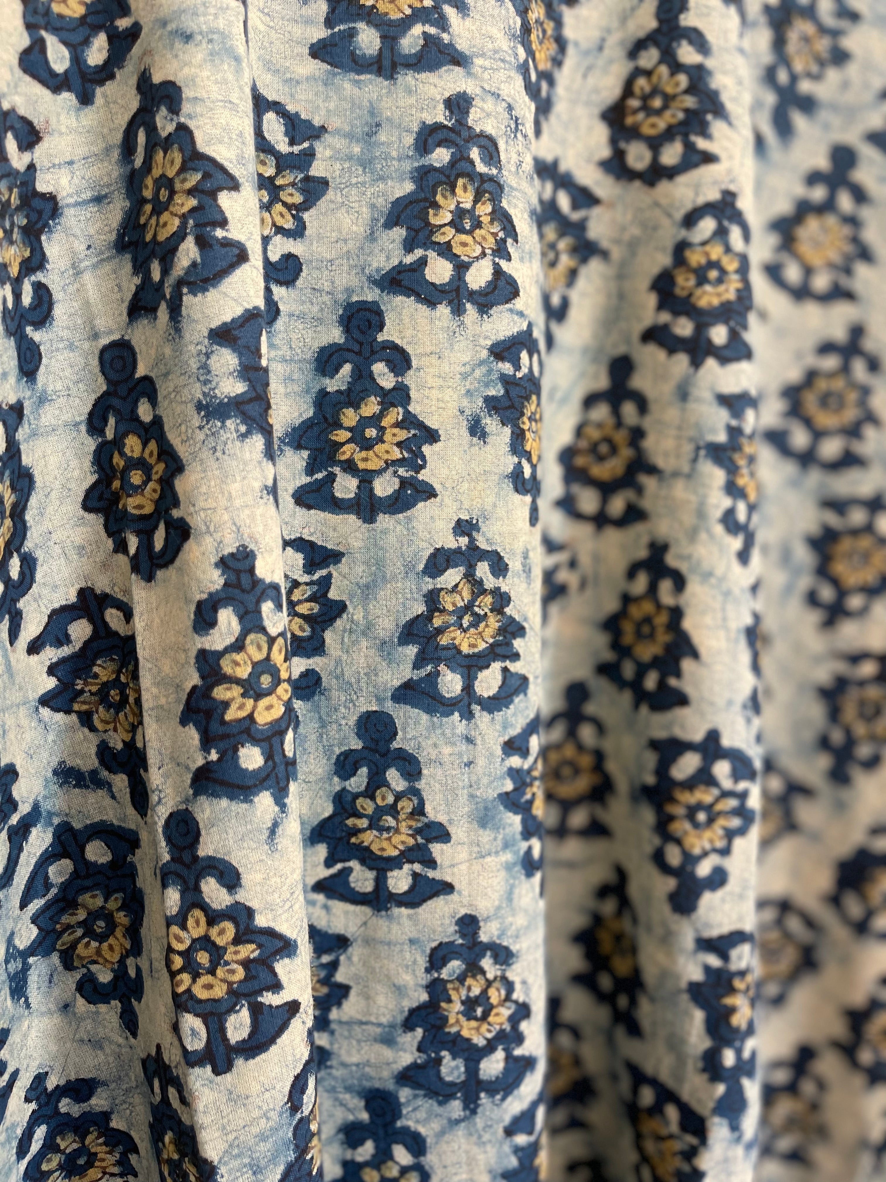 Fine Indian cotton handblock AJRAKH top in natural dyes, Indigo Wash Pattern
