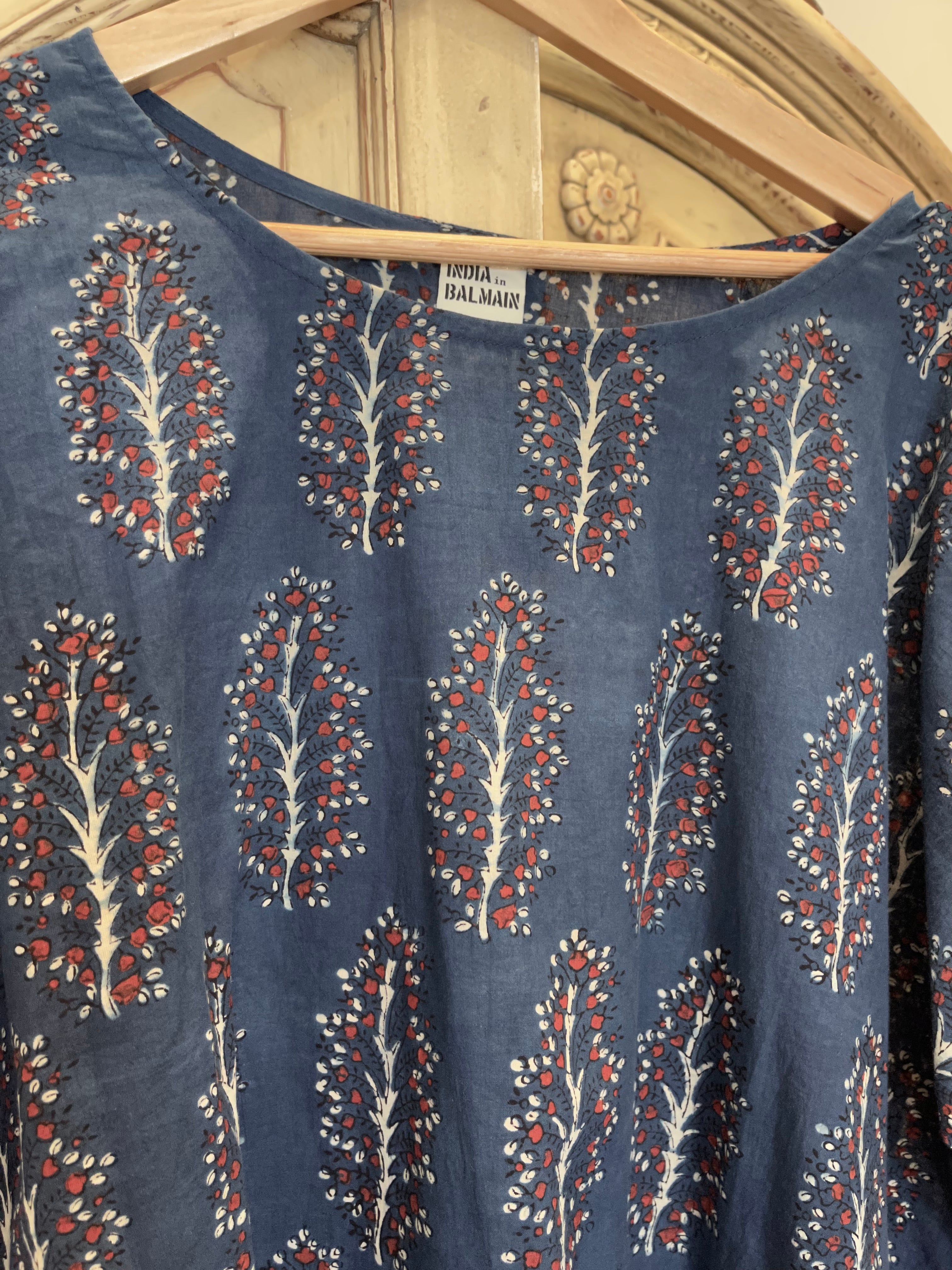 Fine Indian cotton handblock AJRAKH  top in natural dyes, Indigo Tree Pattern
