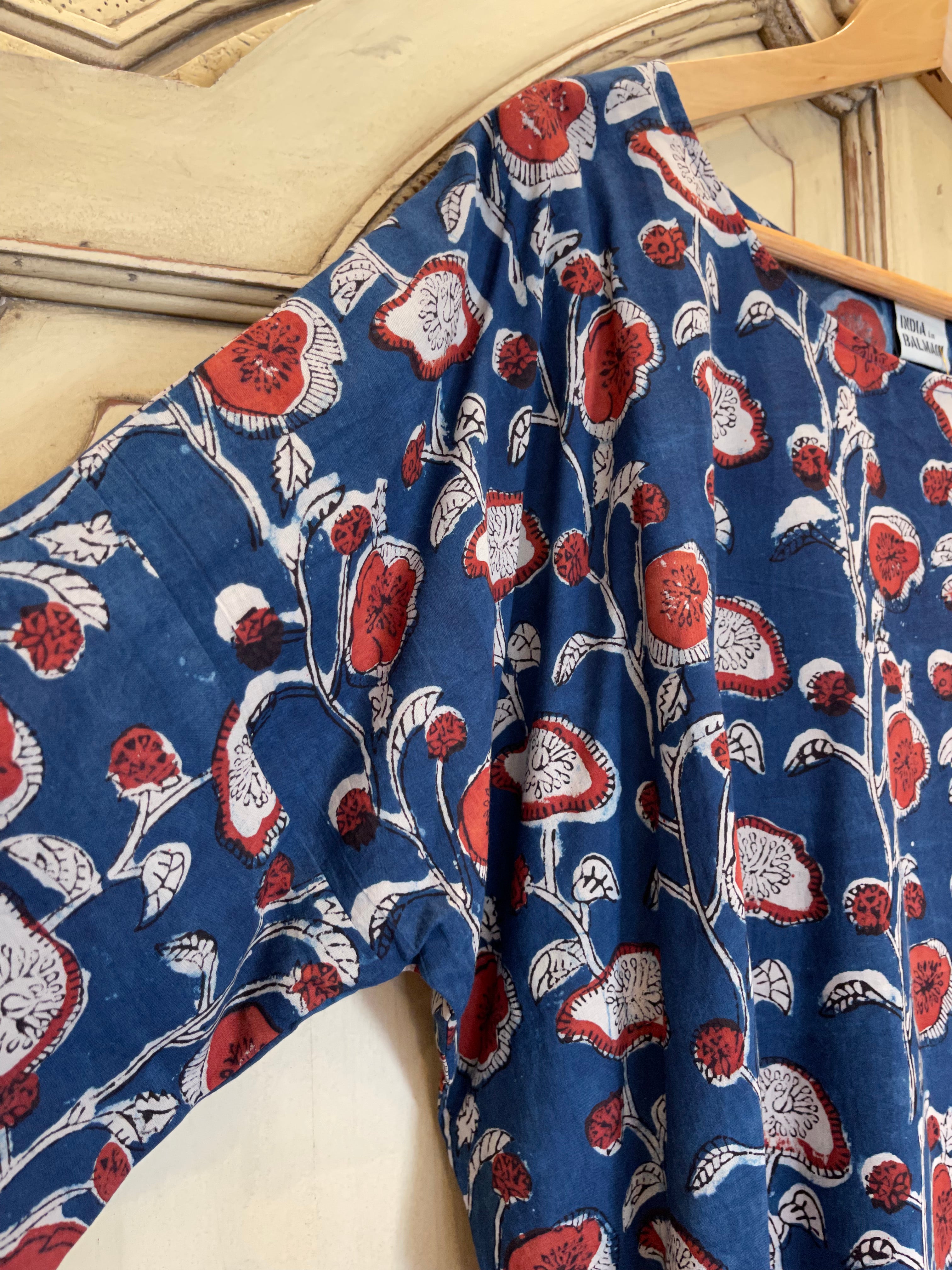 Fine Indian cotton handblock AJRAKH top in natural dyes, Indigo Vine Pattern